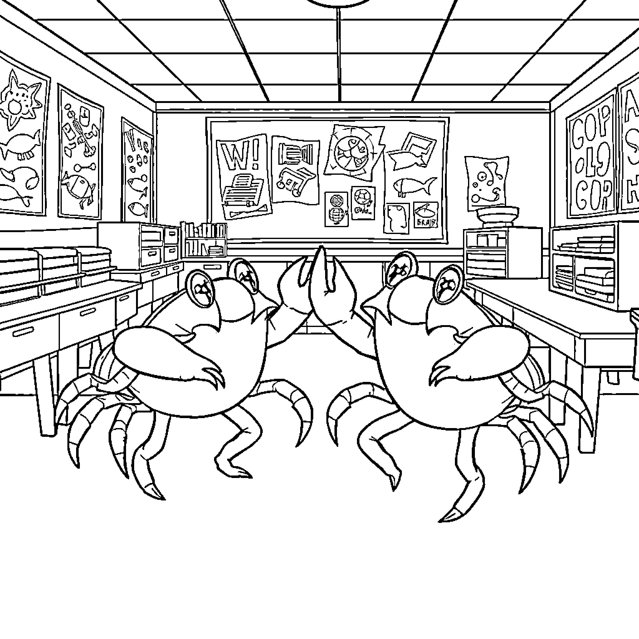 Hermit Crabs Studying in Classroom Coloring Page (free black-and-white line drawing printable PDF for all, from beginners to advanced learners, including children, teens, adults, and seniors)