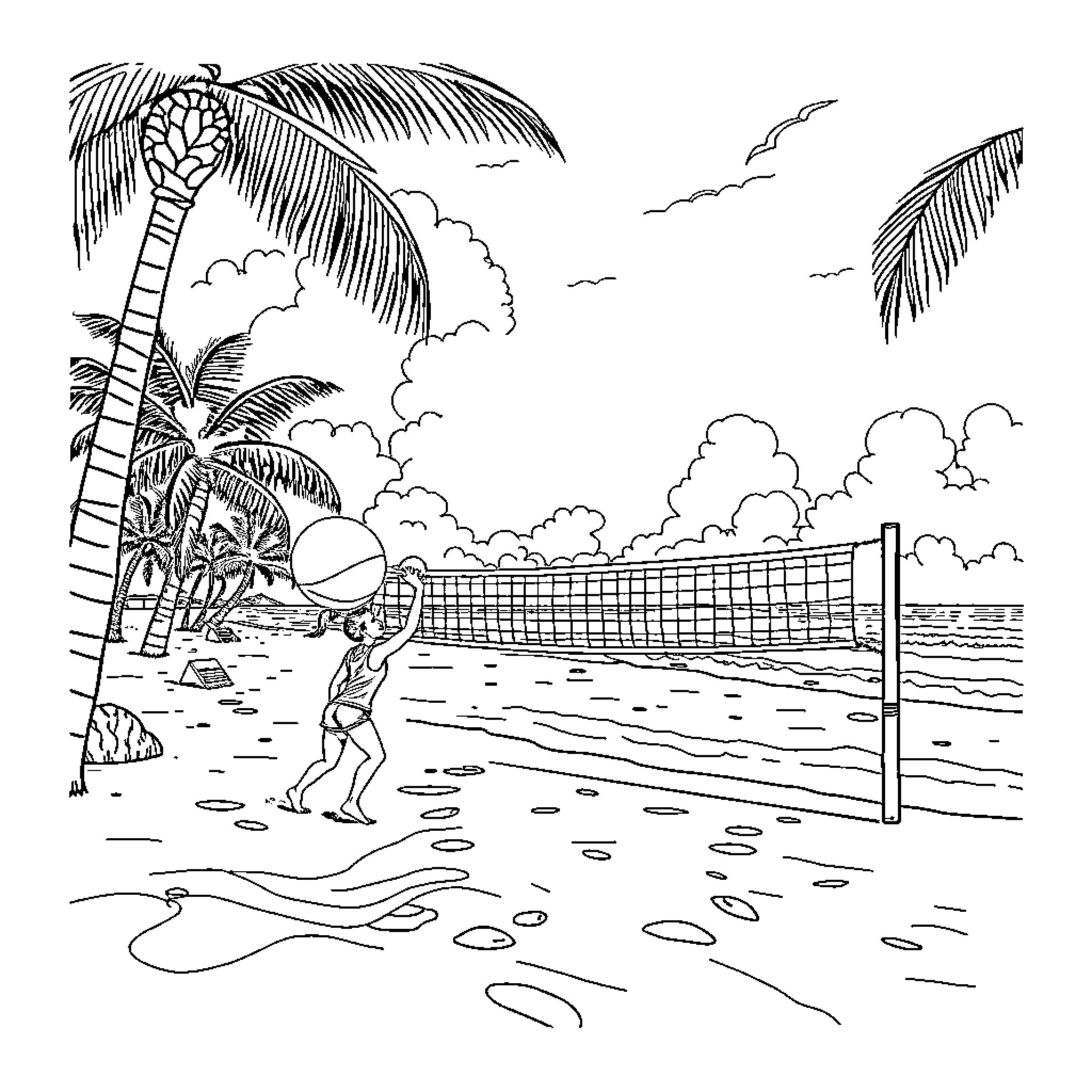 Volleyball game on tropical beach Coloring Page (free black-and-white line drawing printable PDF for all, from beginners to advanced learners, including children, teens, adults, and seniors)
