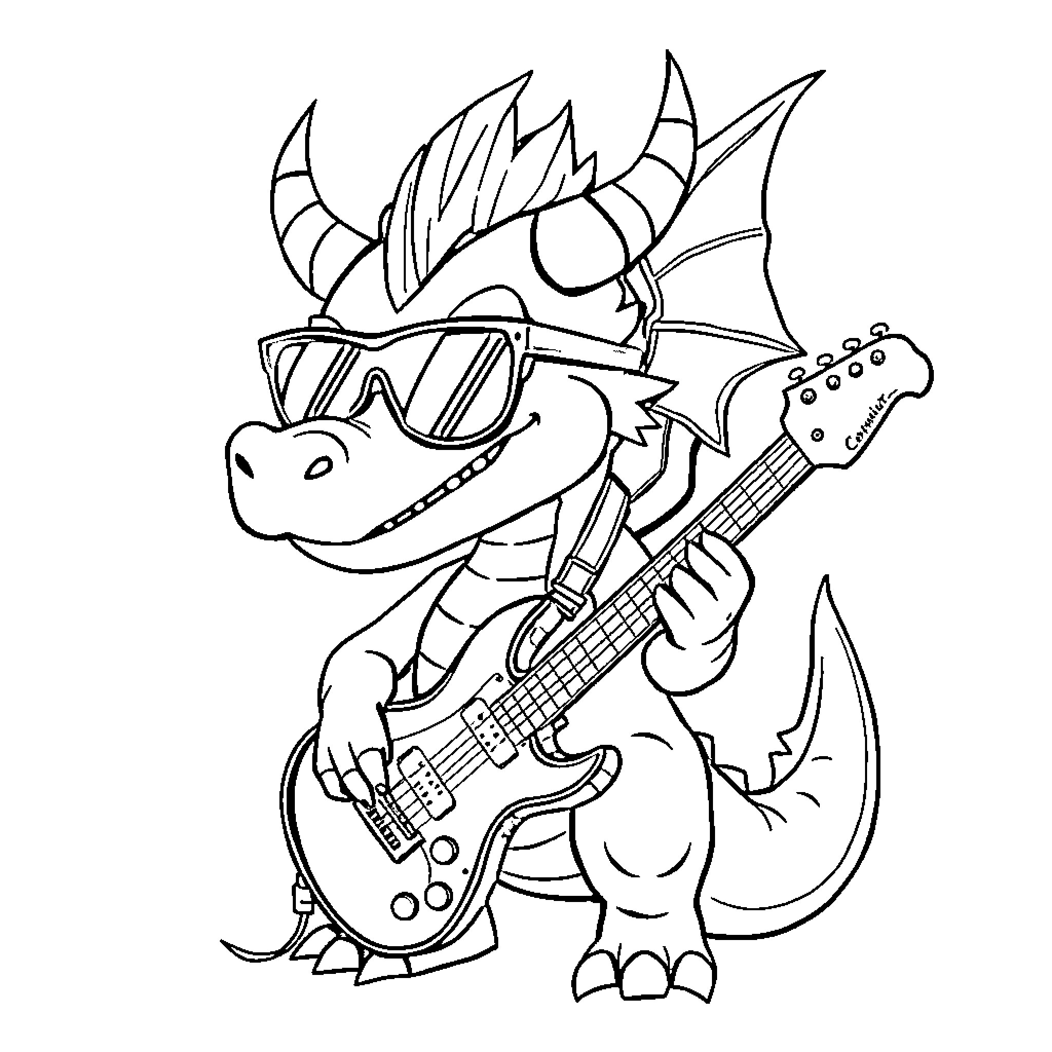 Dragon Playing Cool Electric Guitar Coloring Page (free black-and-white line drawing printable PDF for all, from beginners to advanced learners, including children, teens, adults, and seniors)