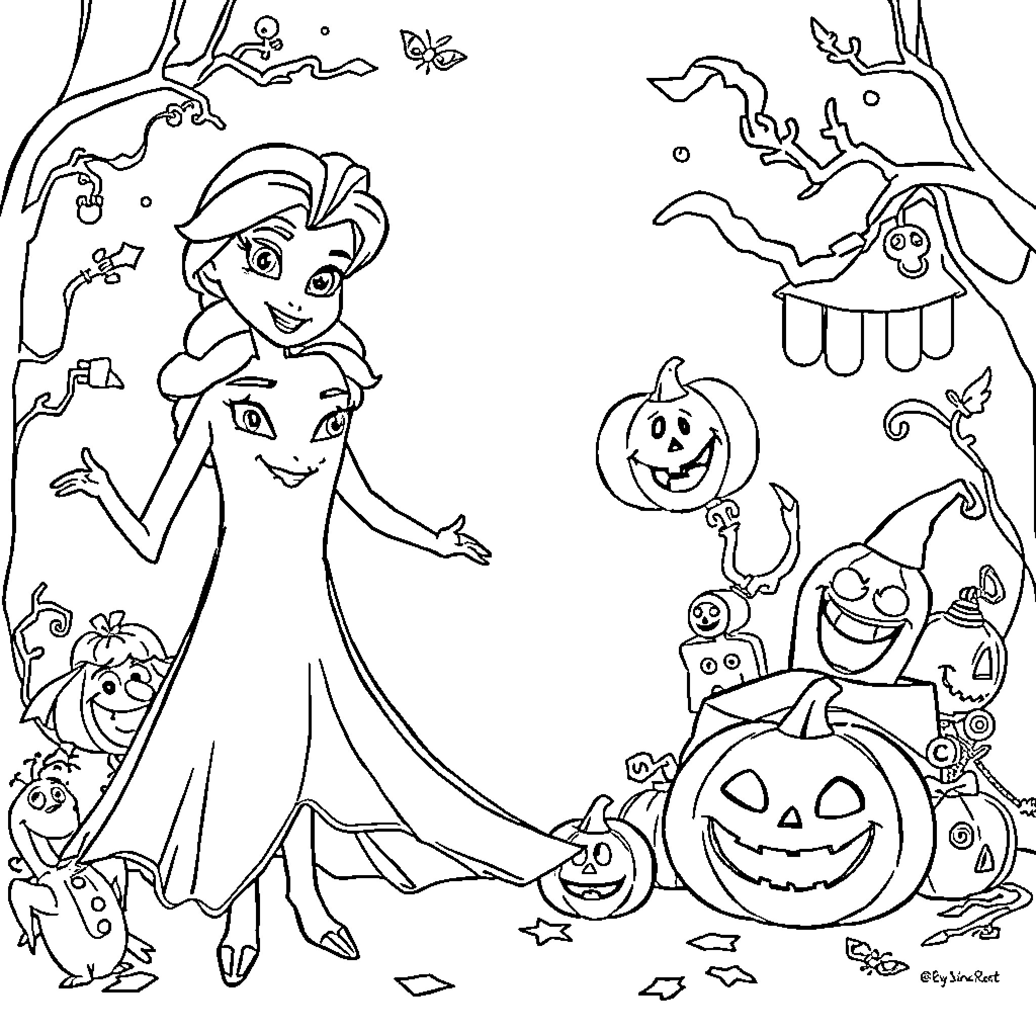 Frozen Halloween Fun with Fantastical Figures Coloring Page (free black-and-white line drawing printable PDF for all, from beginners to advanced learners, including children, teens, adults, and seniors)