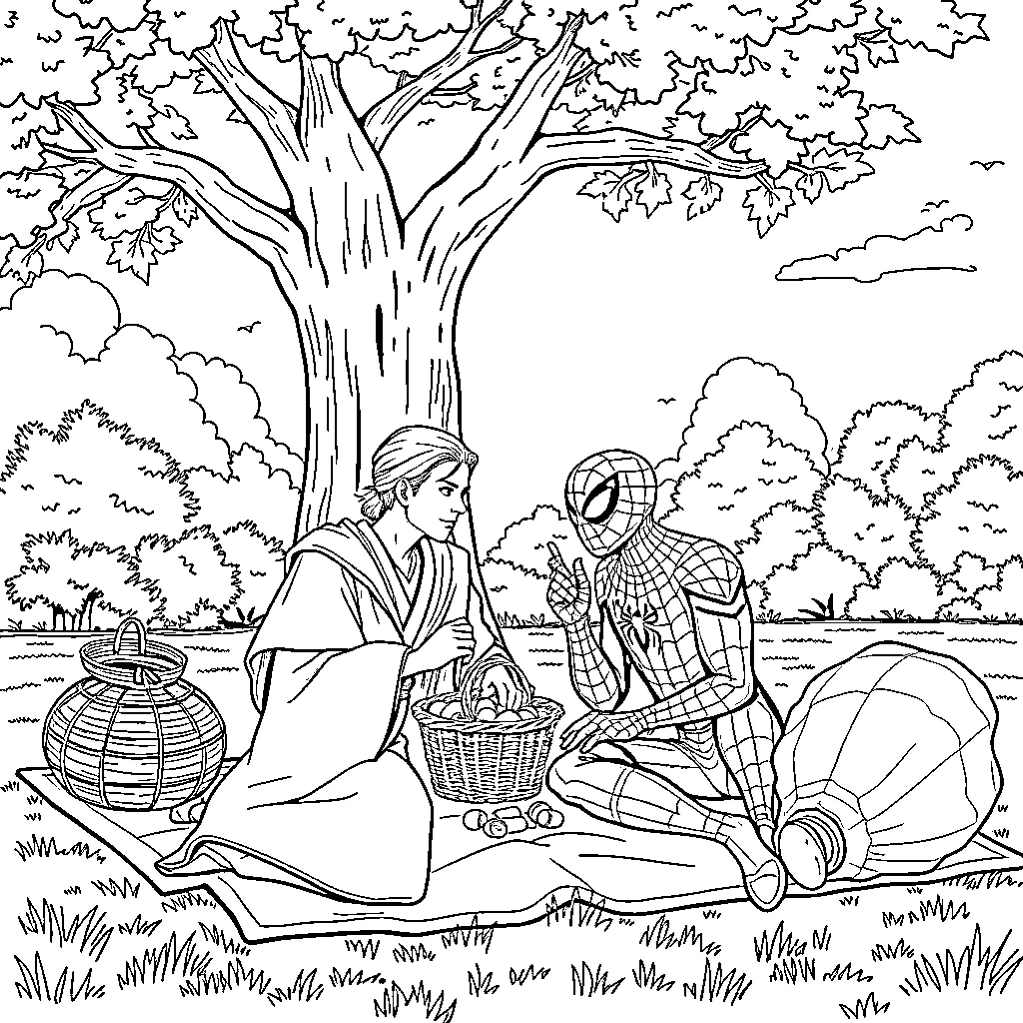 Obi-Wan and Spider-Man share a picnic in nature Coloring Page (free black-and-white line drawing printable PDF for all, from beginners to advanced learners, including children, teens, adults, and seniors)