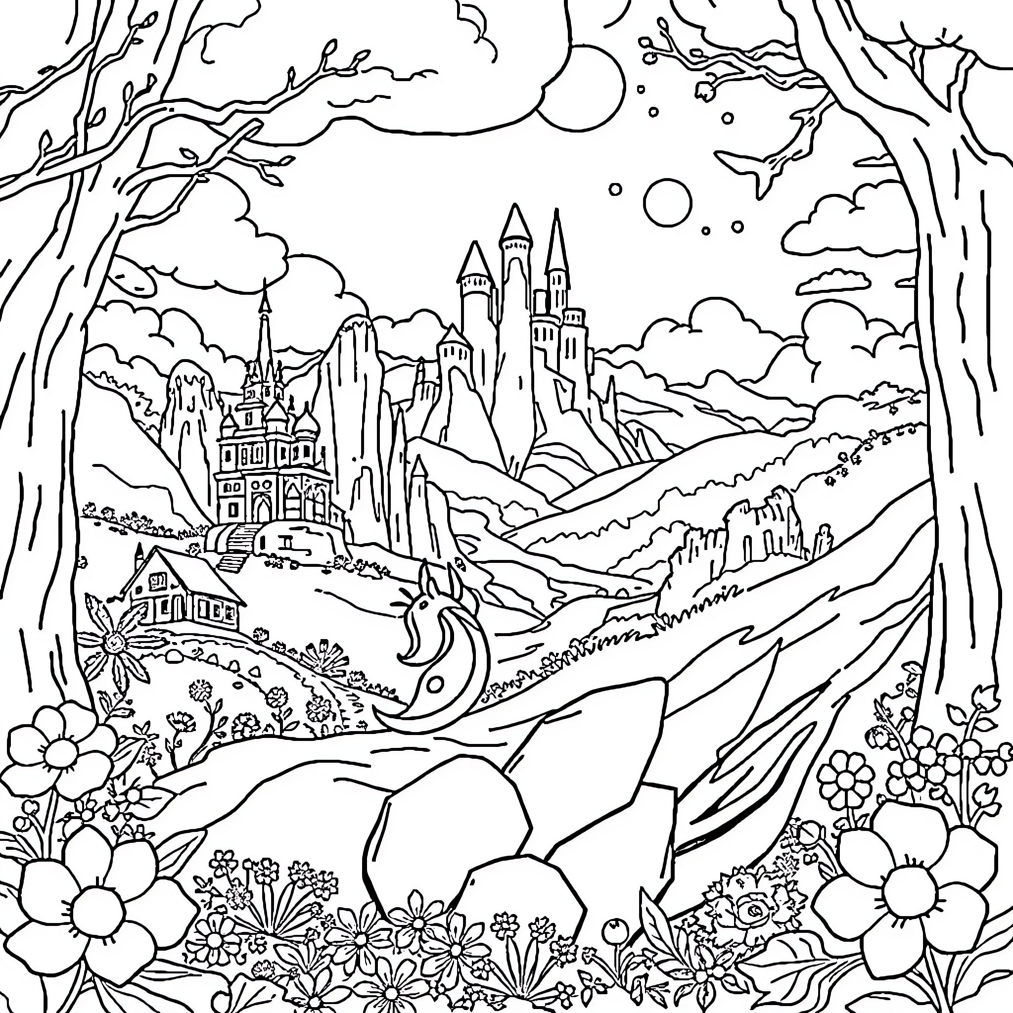 Encanto: Enchanted Castle in Mystical Landscape Coloring Page (free black-and-white line drawing printable PDF for all, from beginners to advanced learners, including children, teens, adults, and seniors)