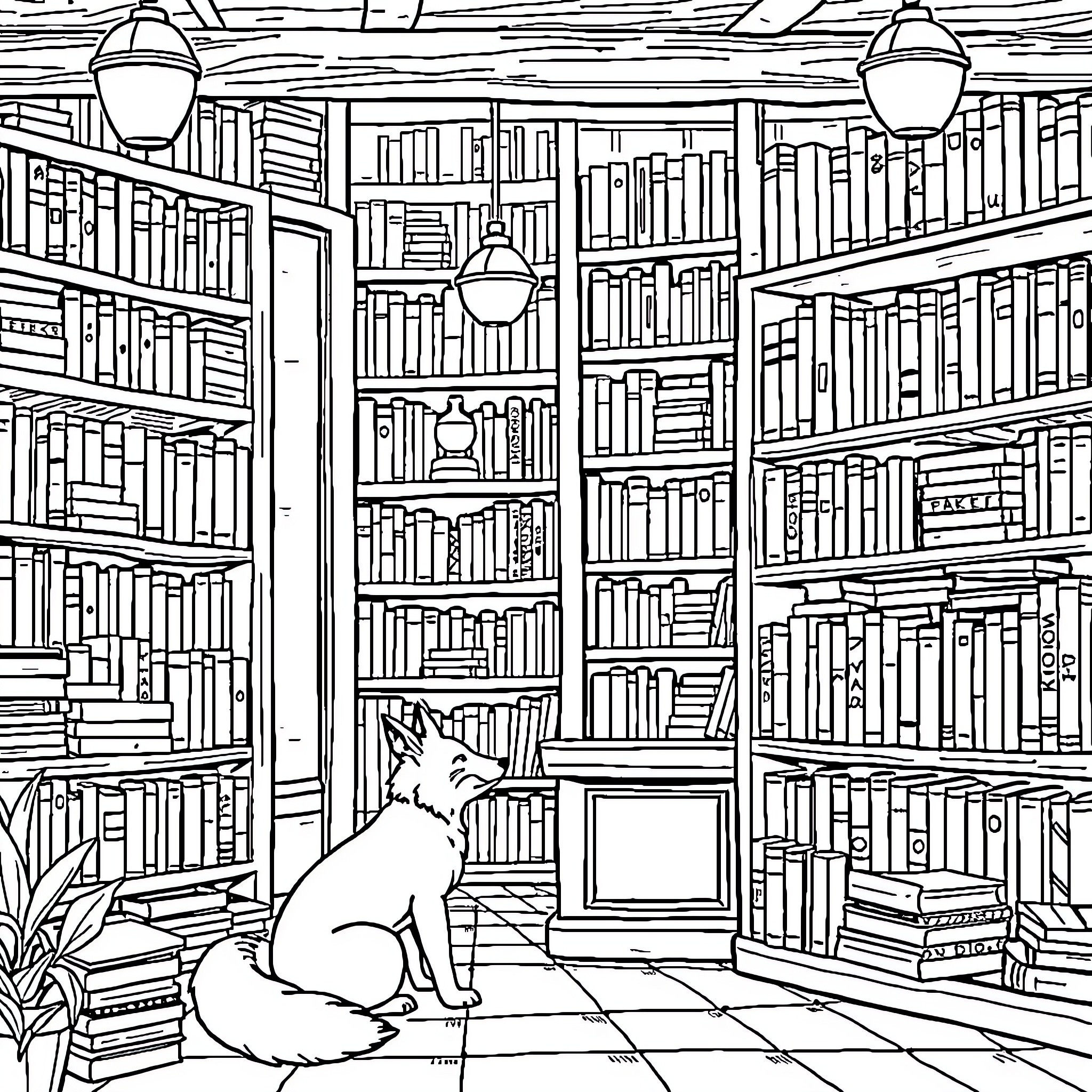 Fox explores mysterious library filled with books Coloring Page (free black-and-white line drawing printable PDF for all, from beginners to advanced learners, including children, teens, adults, and seniors)