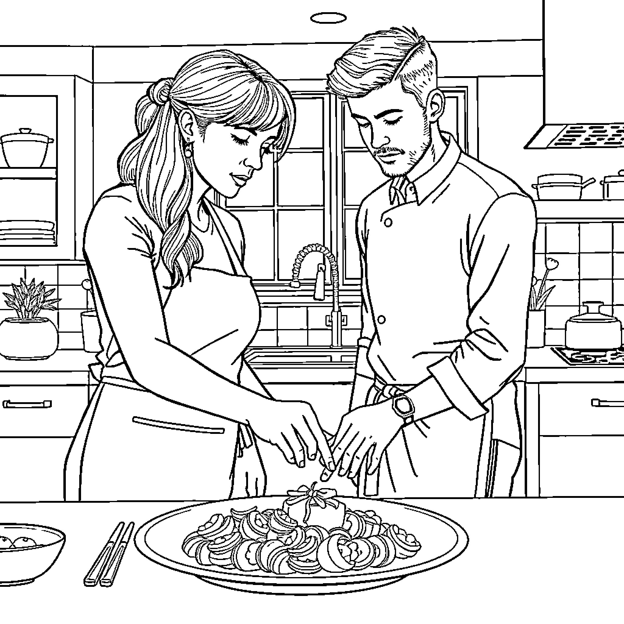 Teacher sharing a meal with student in kitchen Coloring Page (free black-and-white line drawing printable PDF for all, from beginners to advanced learners, including children, teens, adults, and seniors)