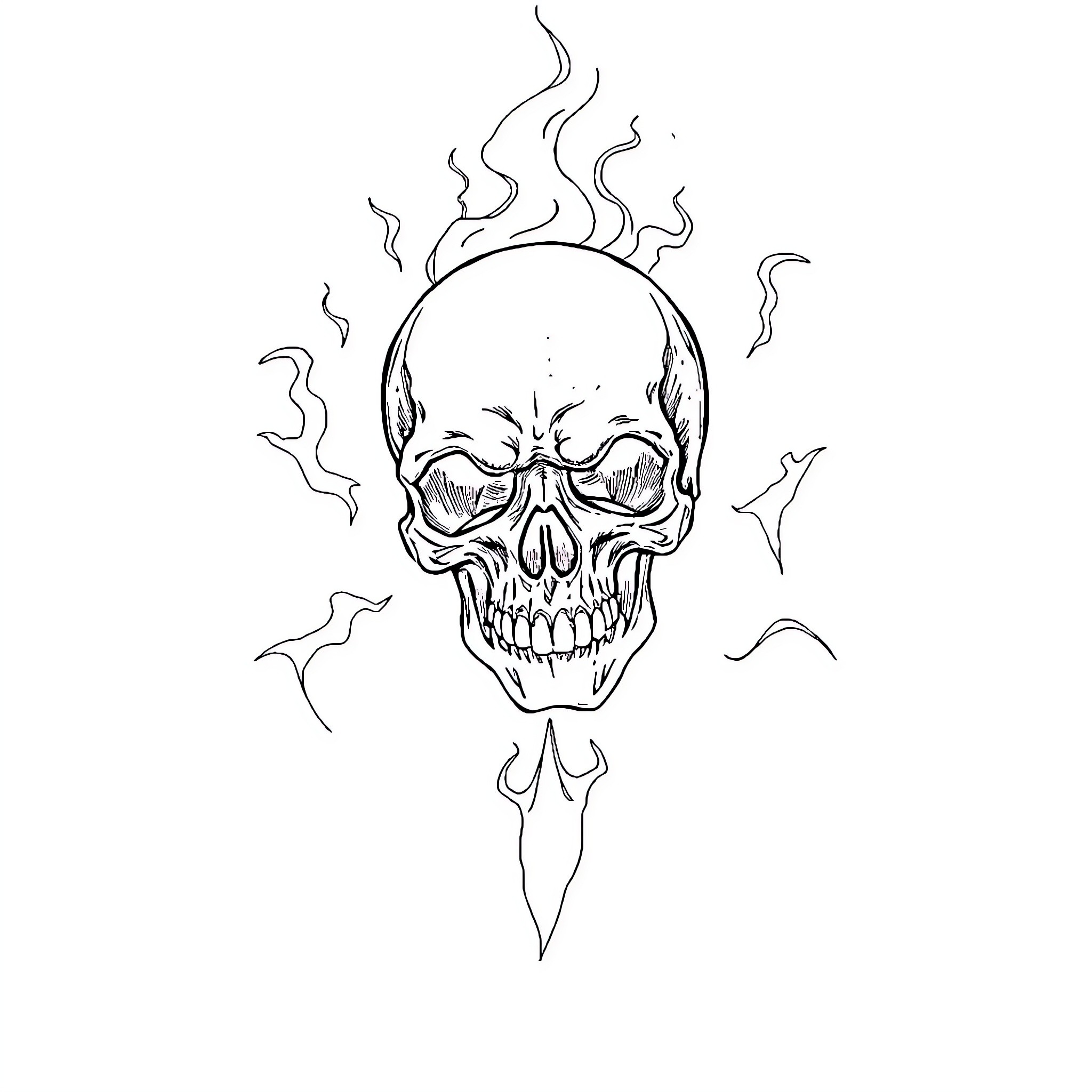 Skull with Hellfire and Demonic Symbols Coloring Page (free black-and-white line drawing printable PDF for all, from beginners to advanced learners, including children, teens, adults, and seniors)