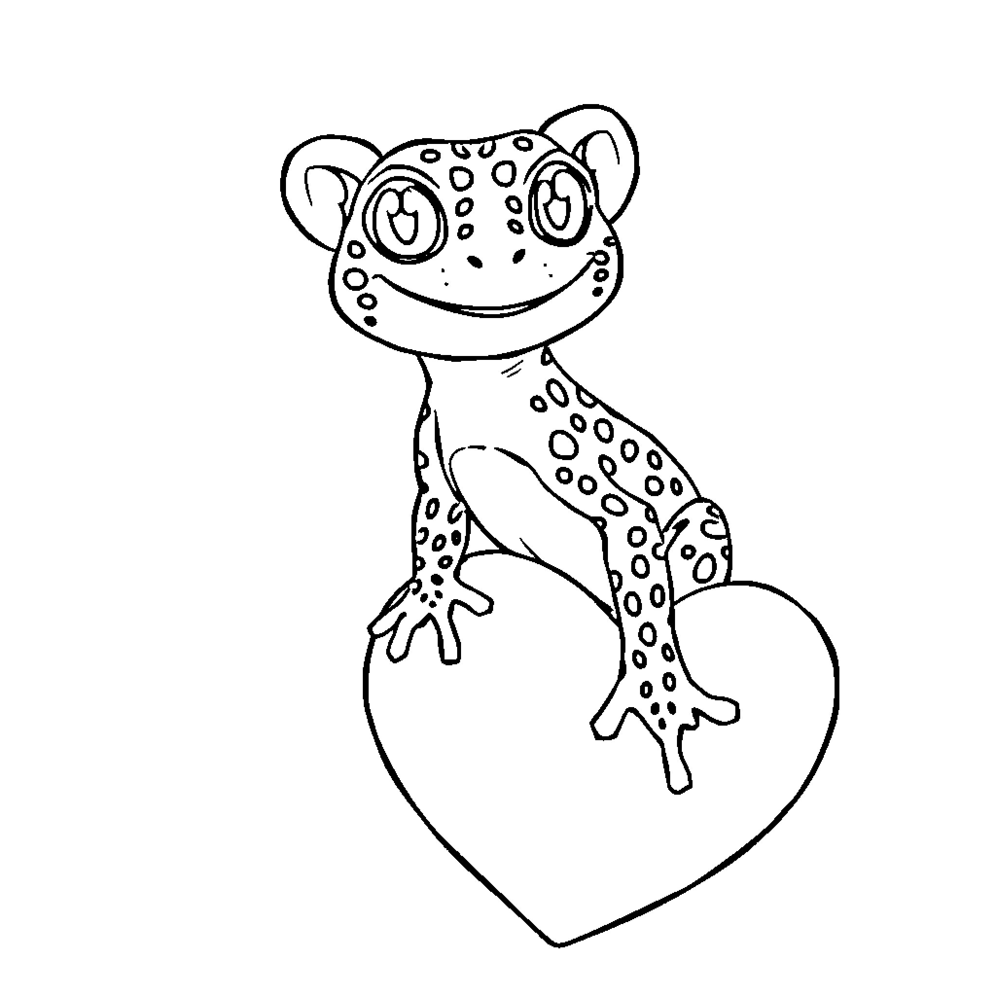 Leopard Gecko perched on a heart shape Coloring Page (free black-and-white line drawing printable PDF for all, from beginners to advanced learners, including children, teens, adults, and seniors)