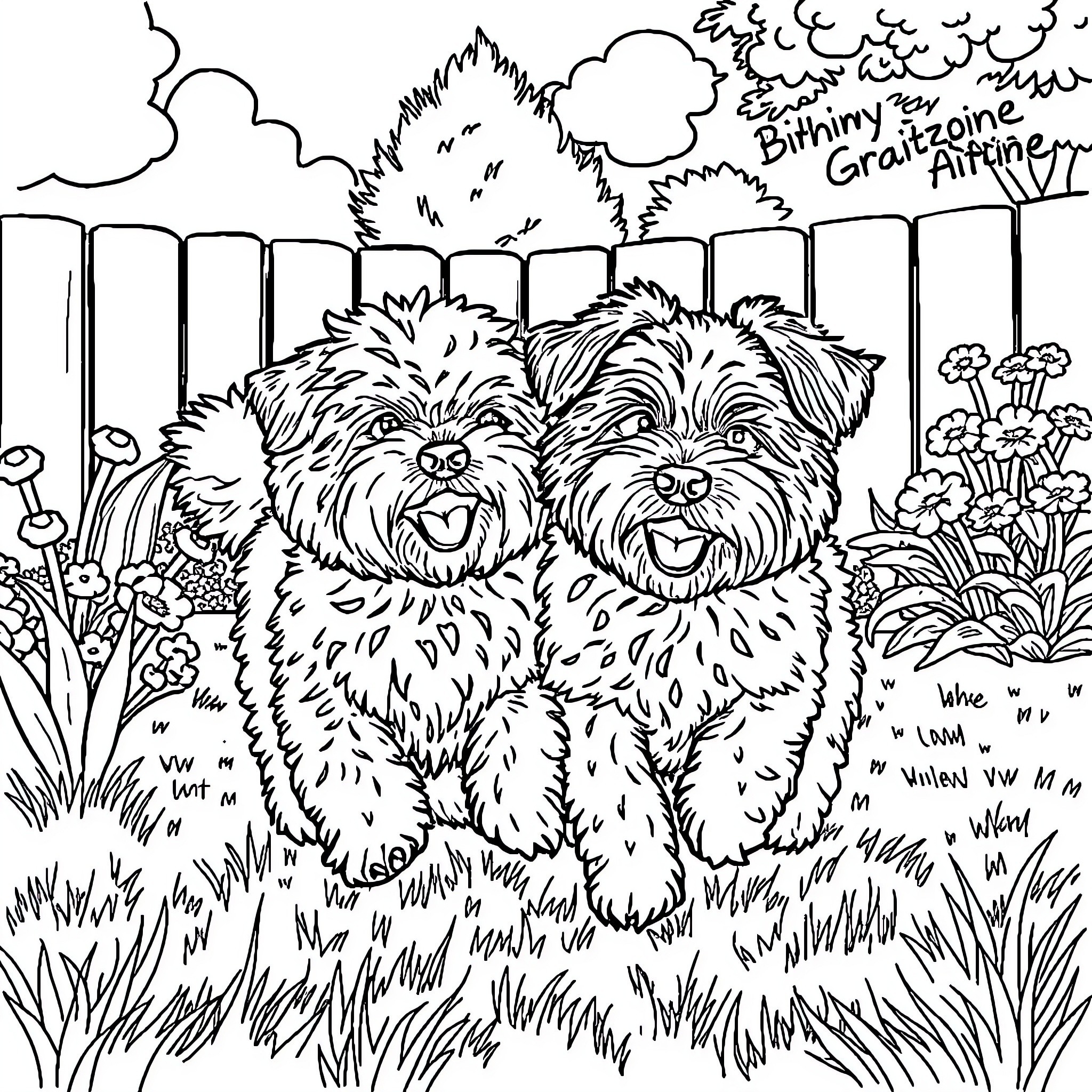 Bichon Frise pups playing happily in the garden Coloring Page (free black-and-white line drawing printable PDF for all, from beginners to advanced learners, including children, teens, adults, and seniors)