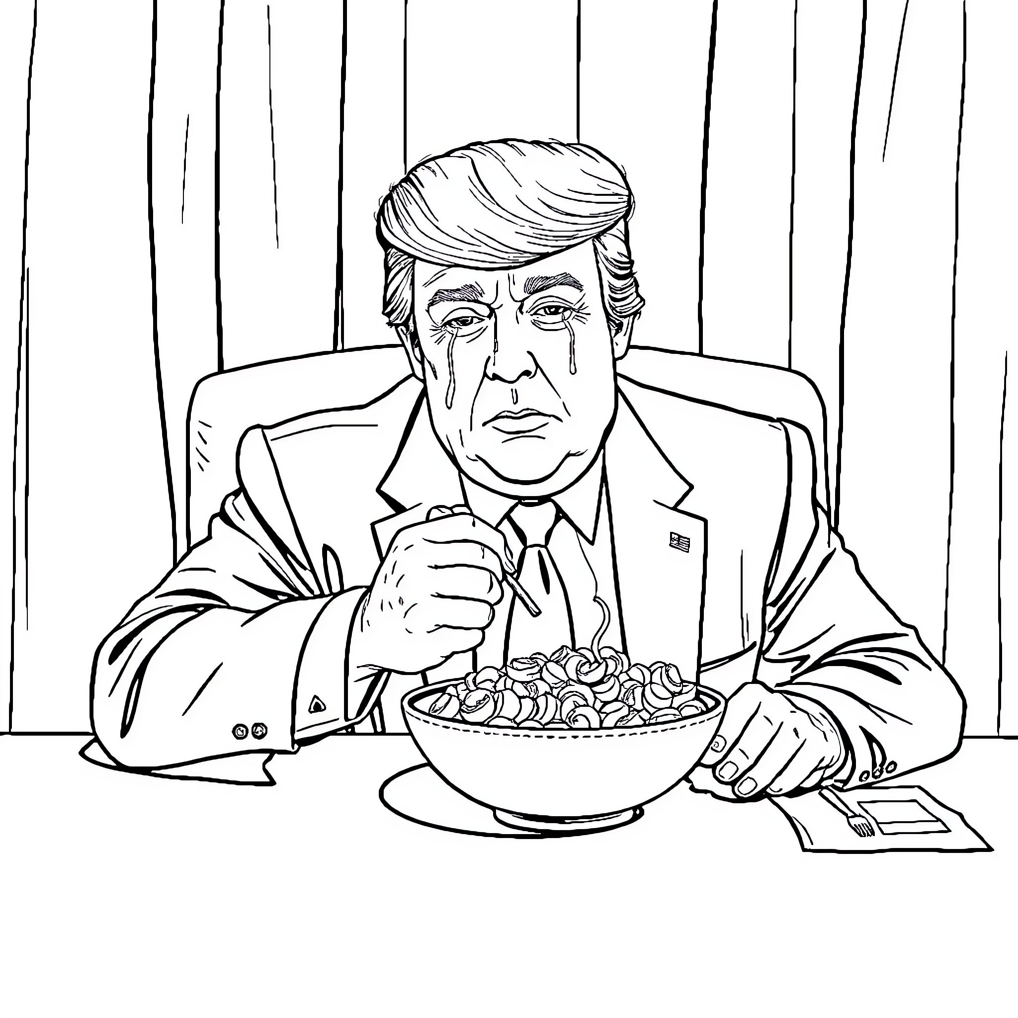 Donald Trump Eating a Bowl of Soup Coloring Page (free black-and-white line drawing printable PDF for all, from beginners to advanced learners, including children, teens, adults, and seniors)