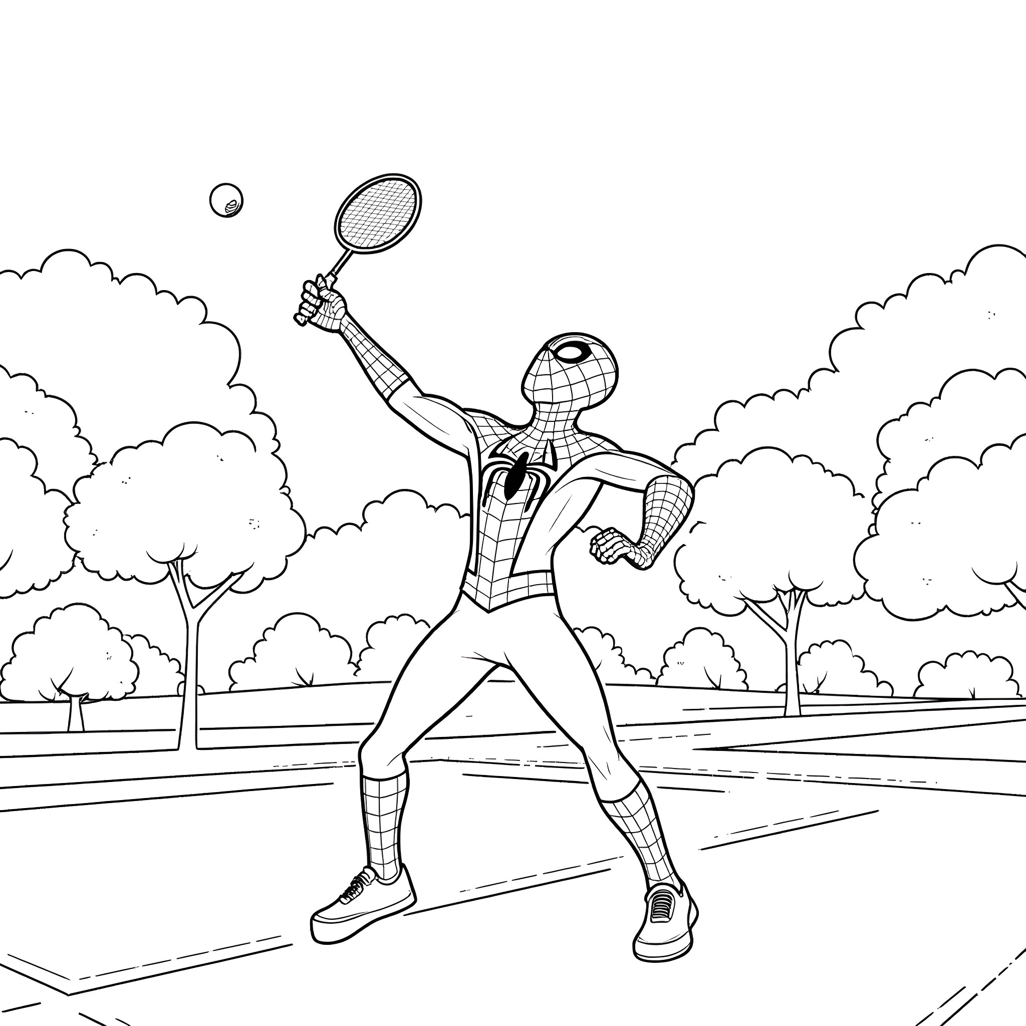 Spider-Man playing tennis on the court Coloring Page (free black-and-white line drawing printable PDF for all, from beginners to advanced learners, including children, teens, adults, and seniors)