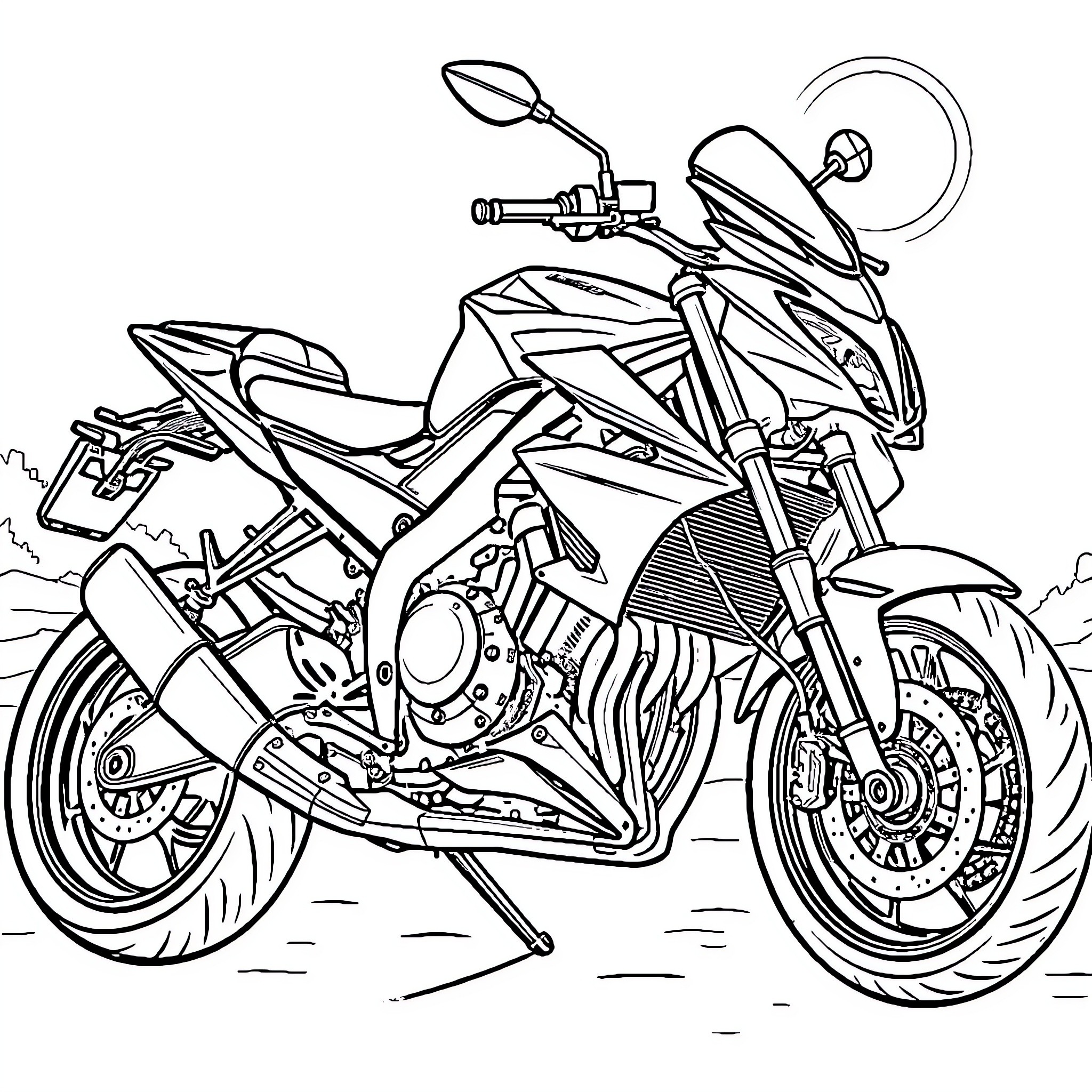 Motorcycle with dynamic design and stance Coloring Page (free black-and-white line drawing printable PDF for all, from beginners to advanced learners, including children, teens, adults, and seniors)