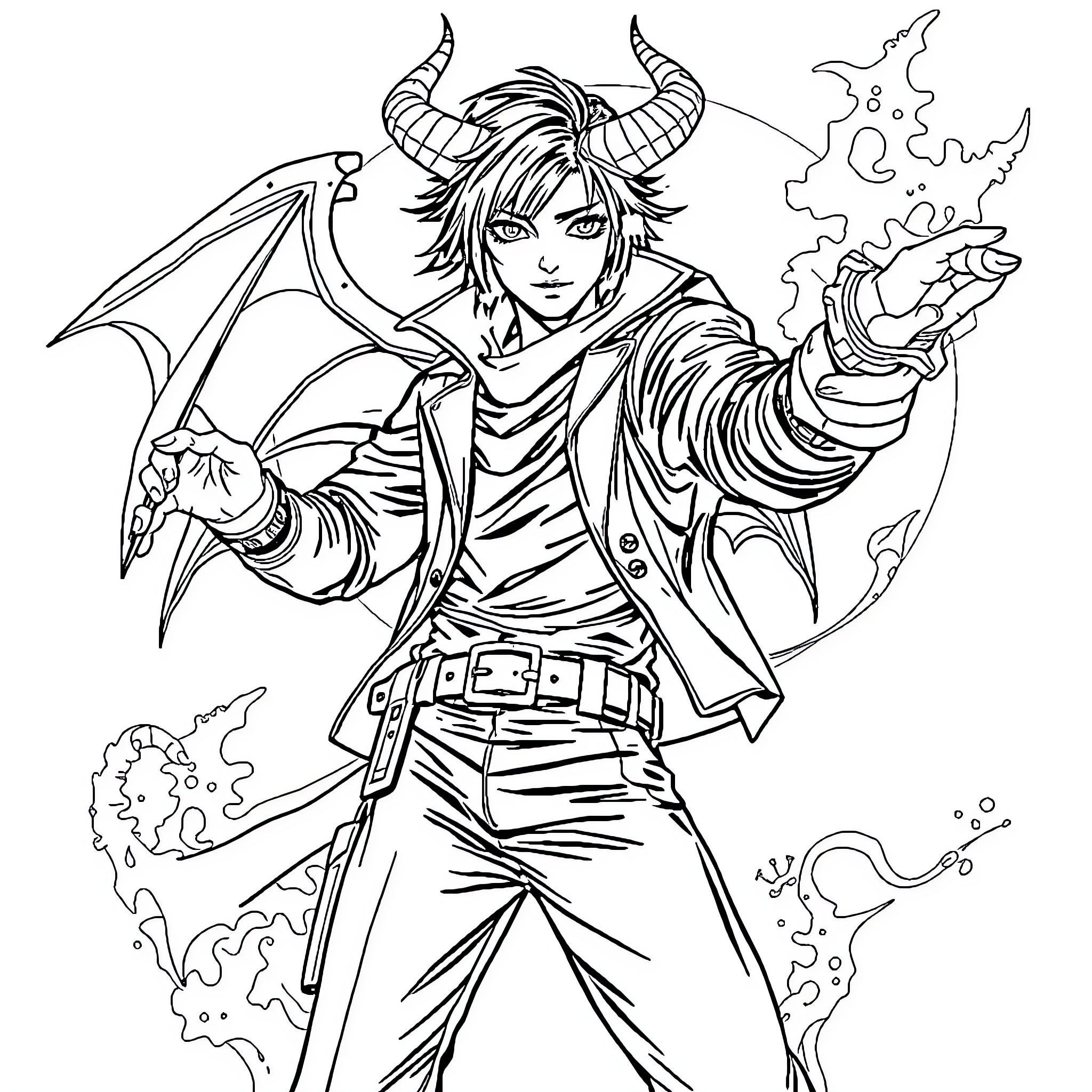 Kpop Demon Hunter casting mystical powers Coloring Page (free black-and-white line drawing printable PDF for all, from beginners to advanced learners, including children, teens, adults, and seniors)