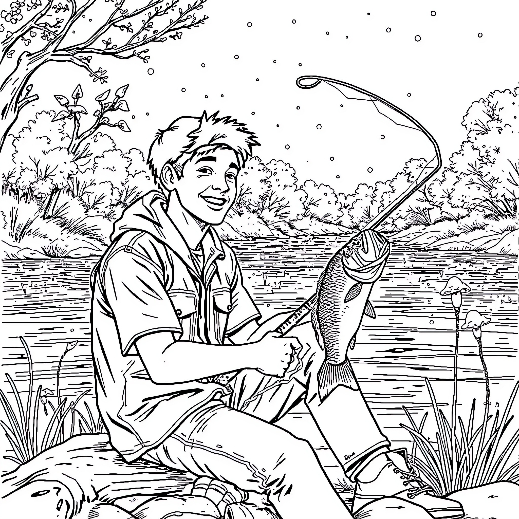 Guy fishing contentedly by a tranquil river Coloring Page (free black-and-white line drawing printable PDF for all, from beginners to advanced learners, including children, teens, adults, and seniors)