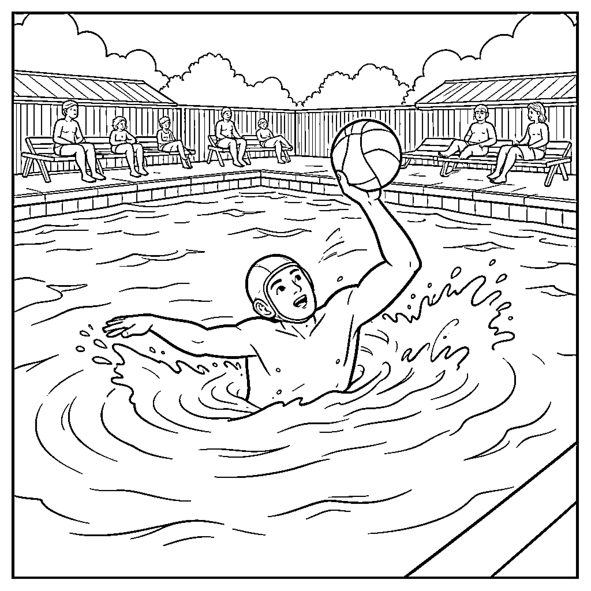 Sangoku playing water polo in a swimming pool Coloring Page (free black-and-white line drawing printable PDF for all, from beginners to advanced learners, including children, teens, adults, and seniors)