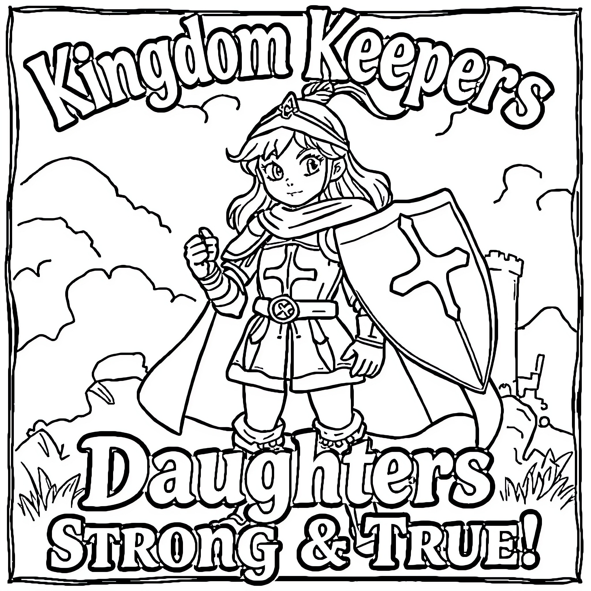 Knight's Daughters Strong & True Coloring Page (free black-and-white line drawing printable PDF for all, from beginners to advanced learners, including children, teens, adults, and seniors)