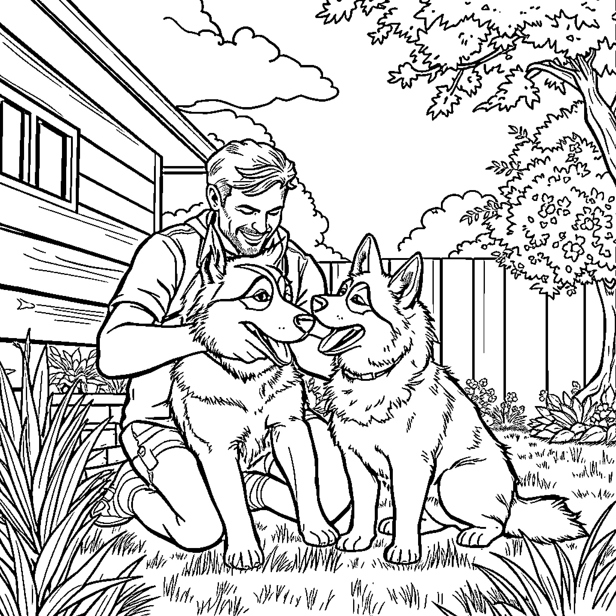 Dad petting loyal dogs in the backyard Coloring Page (free black-and-white line drawing printable PDF for all, from beginners to advanced learners, including children, teens, adults, and seniors)
