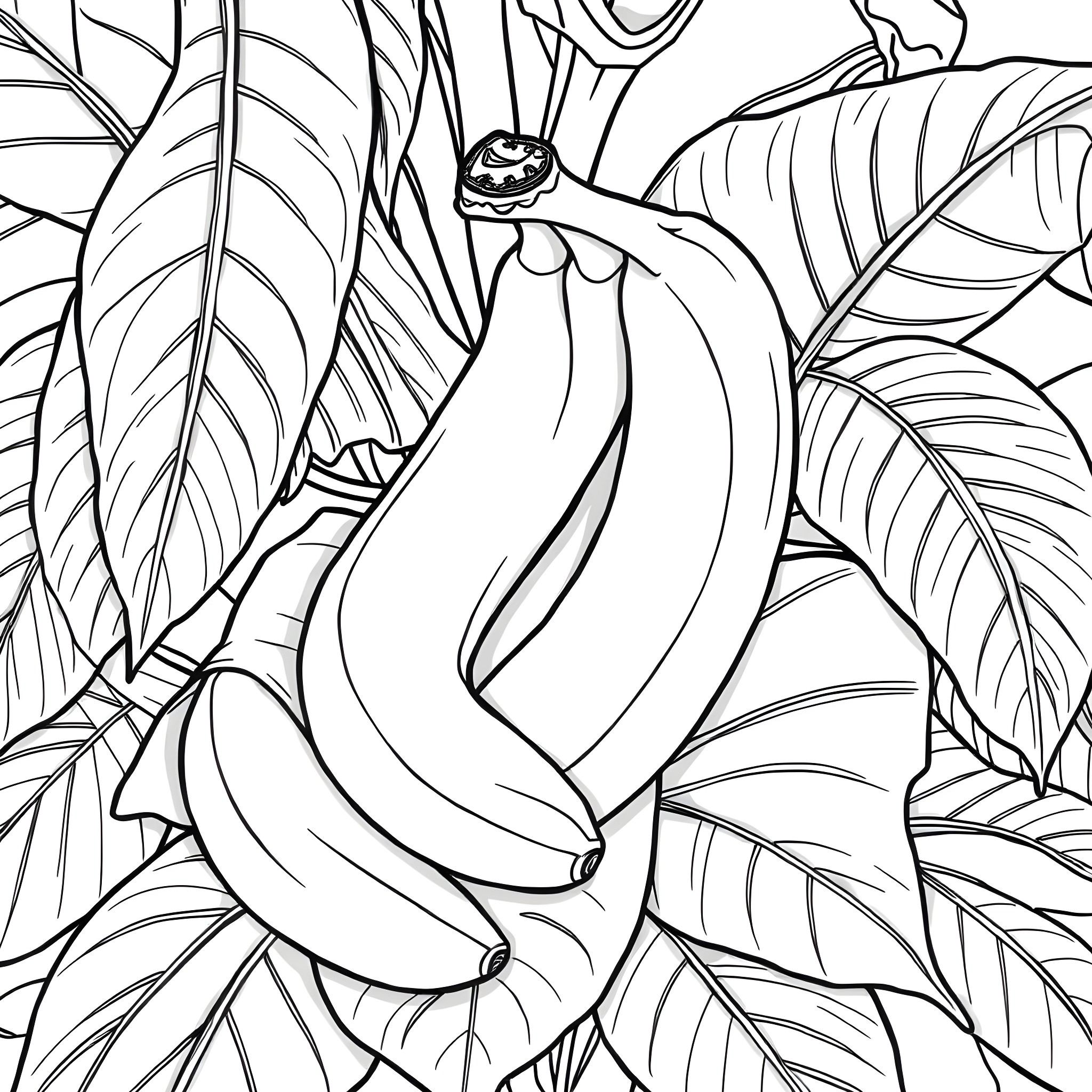 Banana bunch in lush tropical leaves Coloring Page (free black-and-white line drawing printable PDF for all, from beginners to advanced learners, including children, teens, adults, and seniors)