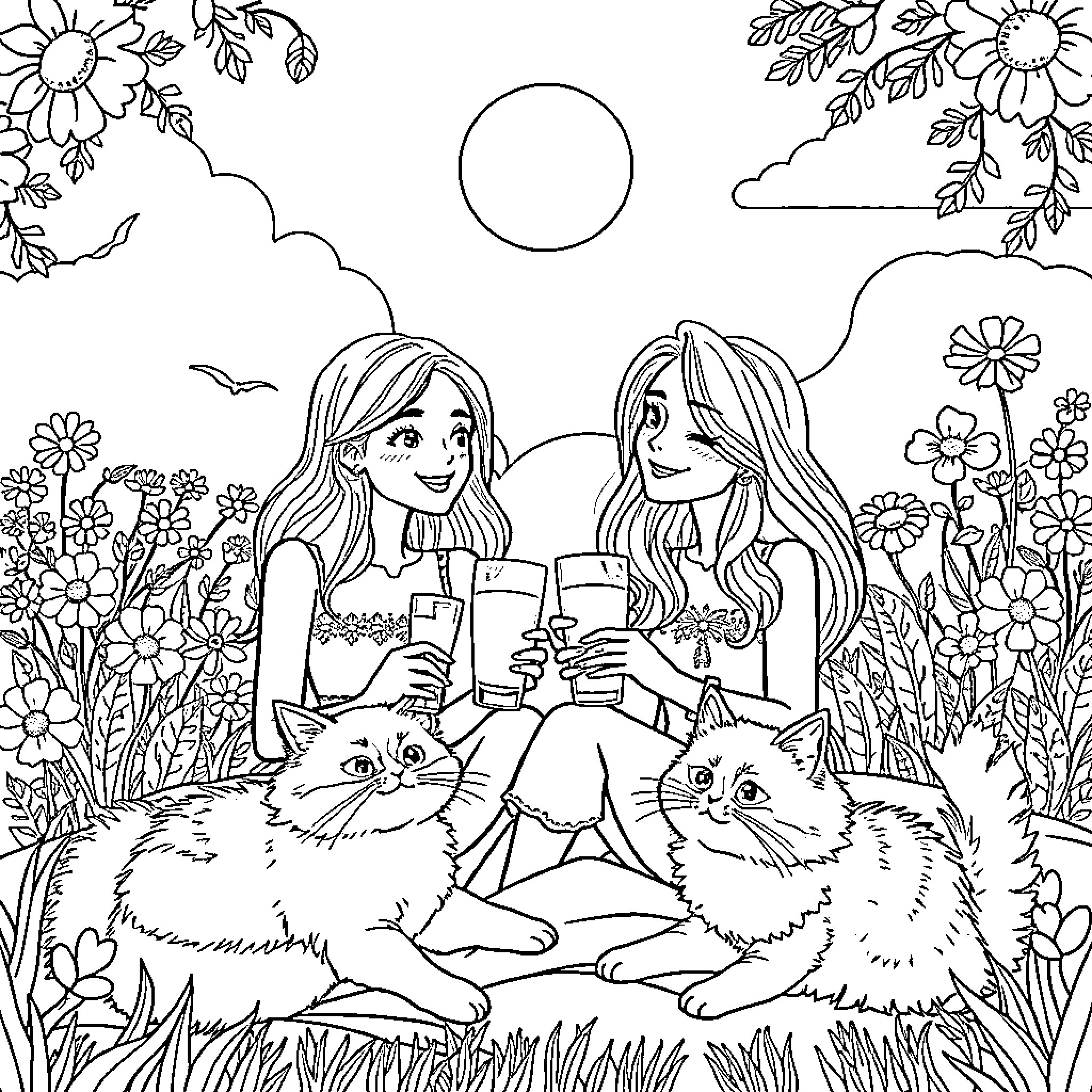Lesbian couple enjoying picnic with cats in floral garden Coloring Page (free black-and-white line drawing printable PDF for all, from beginners to advanced learners, including children, teens, adults, and seniors)