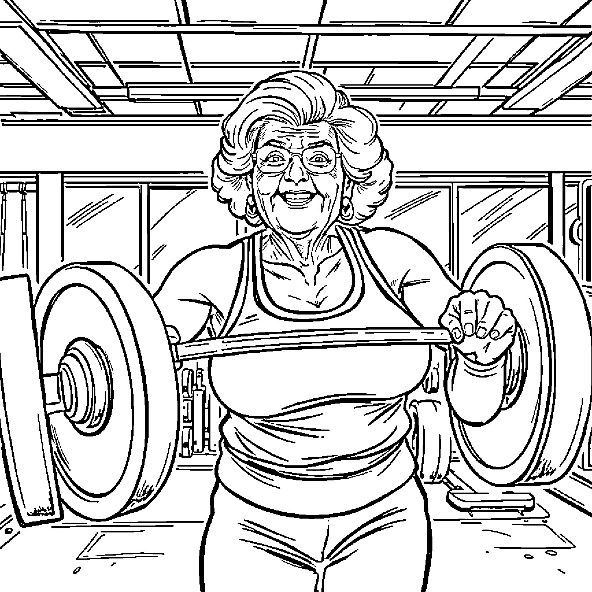 Grandma's Weightlifting Workout Coloring Page (free black-and-white line drawing printable PDF for all, from beginners to advanced learners, including children, teens, adults, and seniors)