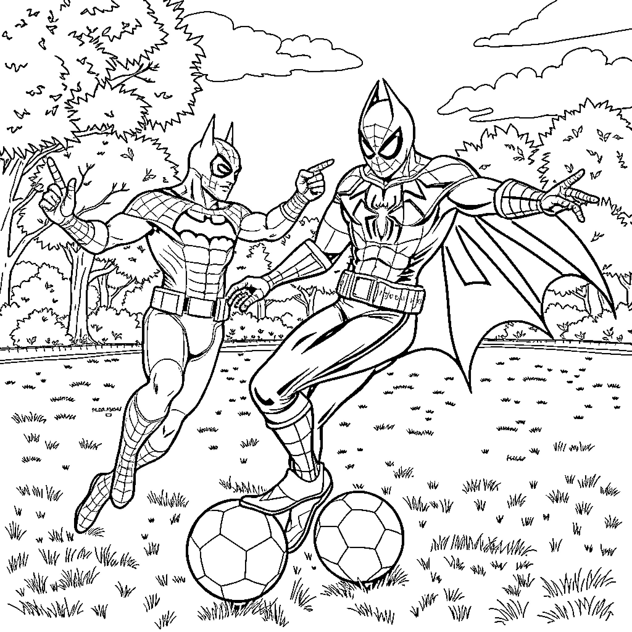 Batman and Spiderman Playing Soccer in the Park Coloring Page (free black-and-white line drawing printable PDF for all, from beginners to advanced learners, including children, teens, adults, and seniors)