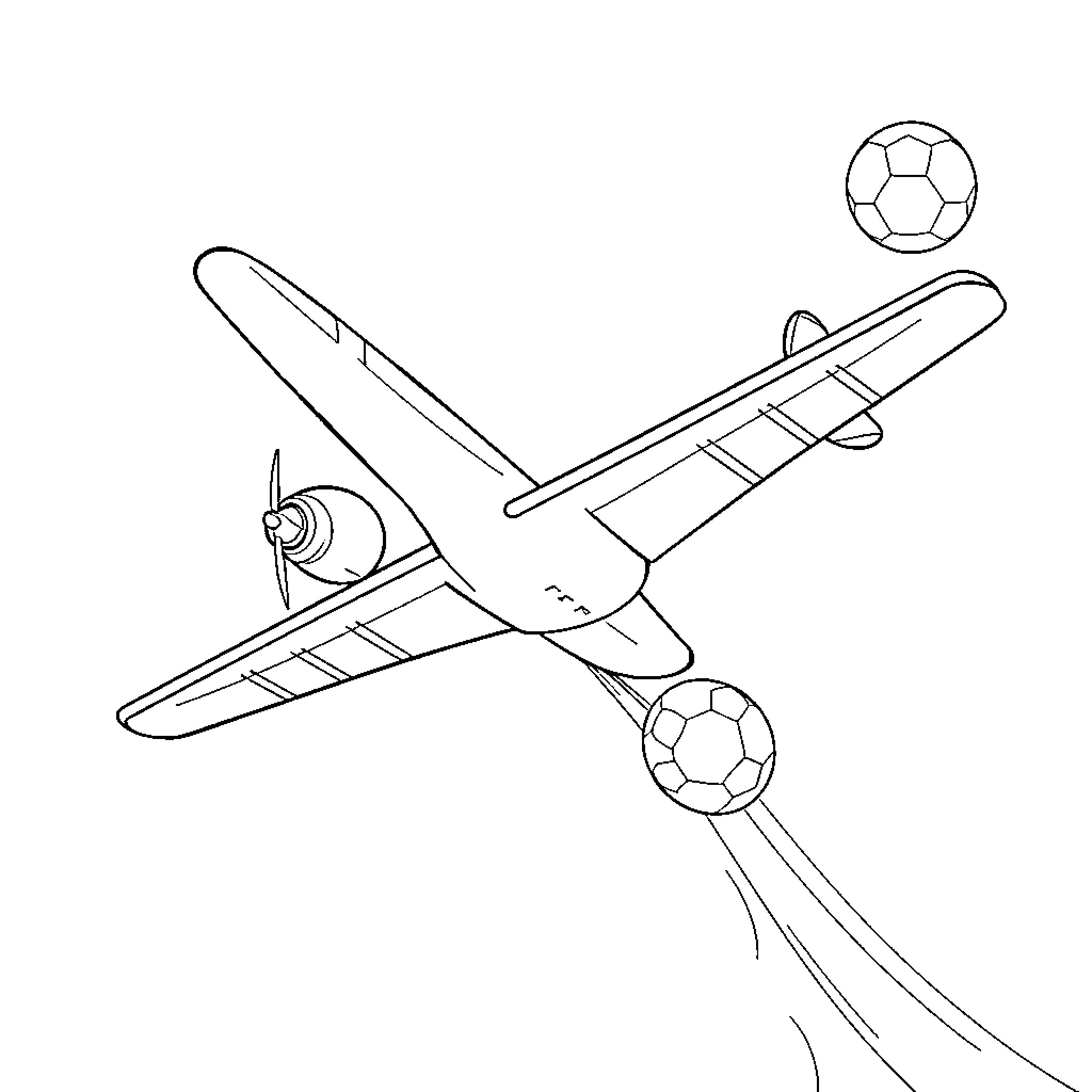 Aircraft soaring gracefully with soccer balls Coloring Page (free black-and-white line drawing printable PDF for all, from beginners to advanced learners, including children, teens, adults, and seniors)