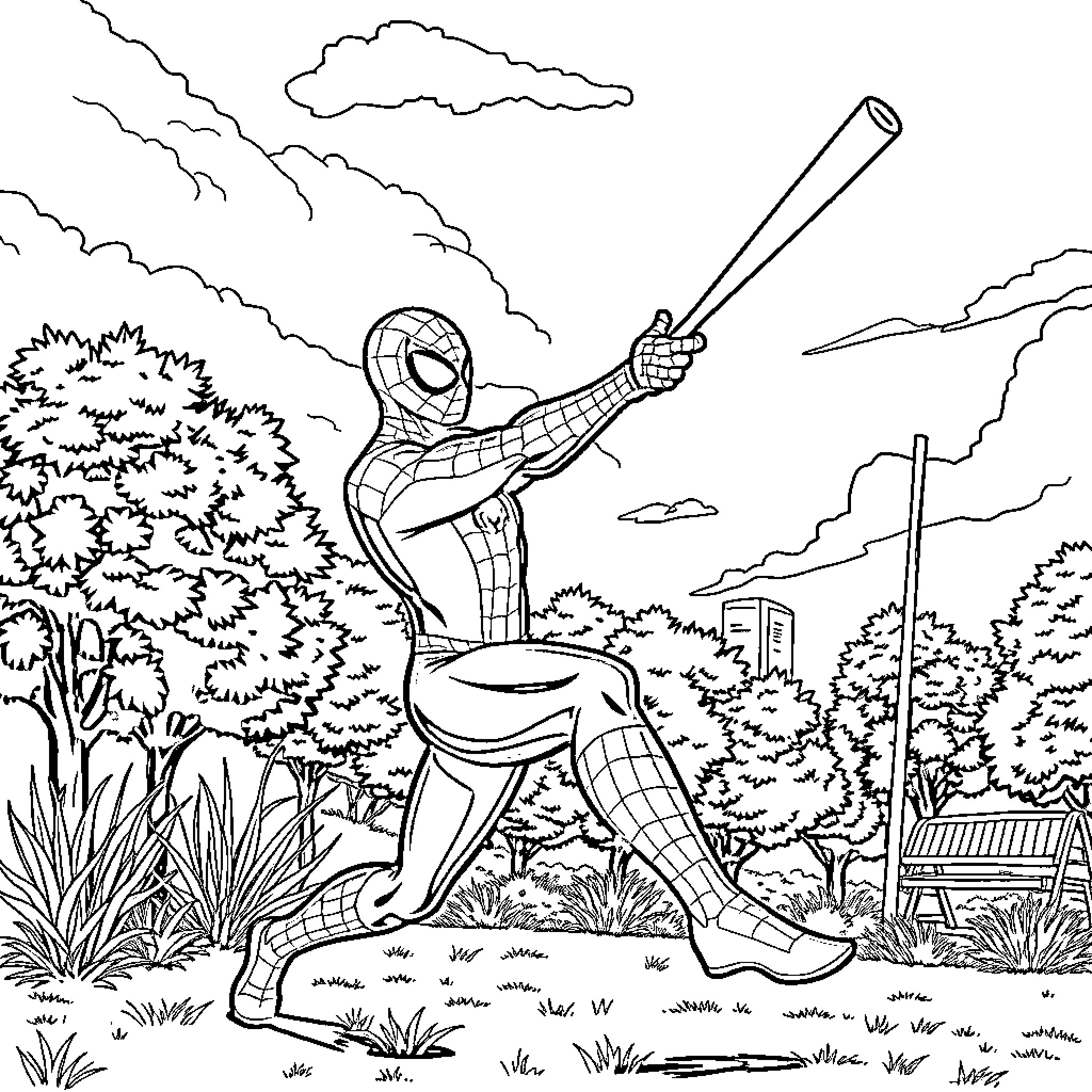 Spiderman in action on a park landscape Coloring Page (free black-and-white line drawing printable PDF for all, from beginners to advanced learners, including children, teens, adults, and seniors)