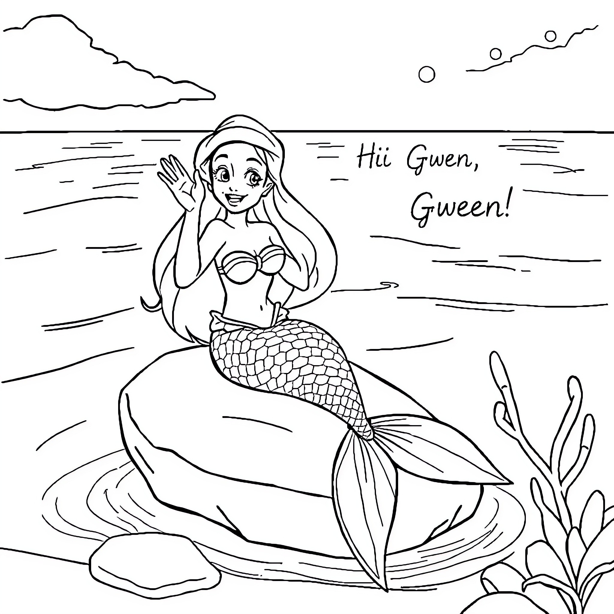 Mermaid waving and greeting underwater Coloring Page (free black-and-white line drawing printable PDF for all, from beginners to advanced learners, including children, teens, adults, and seniors)