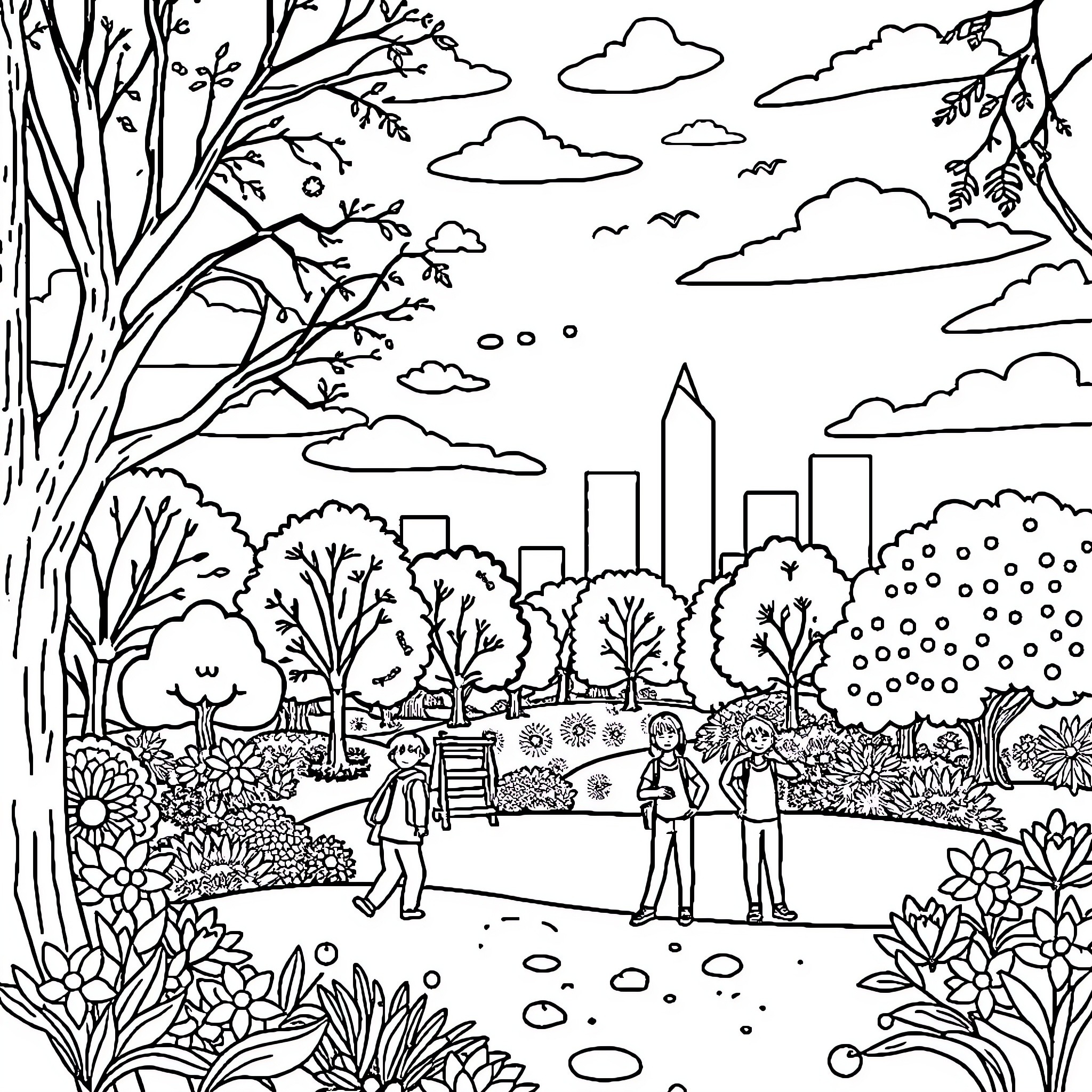 Building a Peaceful Park Scene with People Coloring Page (free black-and-white line drawing printable PDF for all, from beginners to advanced learners, including children, teens, adults, and seniors)