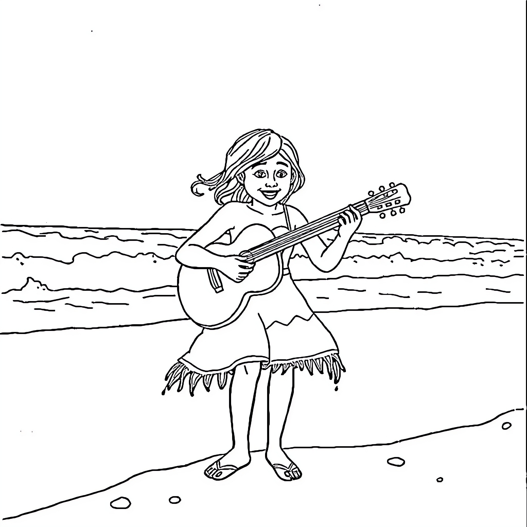 Campanita playing guitar on the beach Coloring Page (free black-and-white line drawing printable PDF for all, from beginners to advanced learners, including children, teens, adults, and seniors)