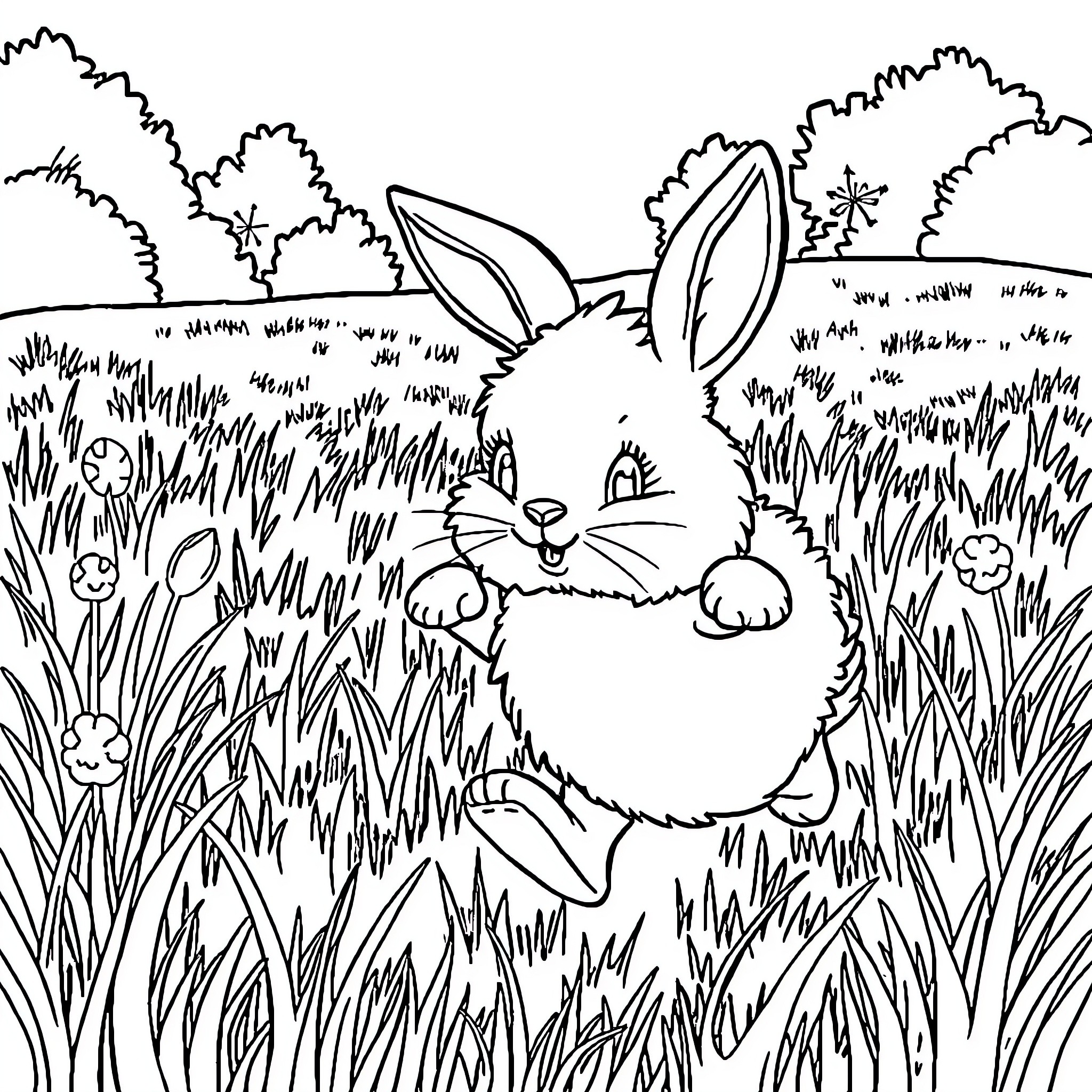Rabbit Enjoying a Peaceful Meadow Coloring Page (free black-and-white line drawing printable PDF for all, from beginners to advanced learners, including children, teens, adults, and seniors)