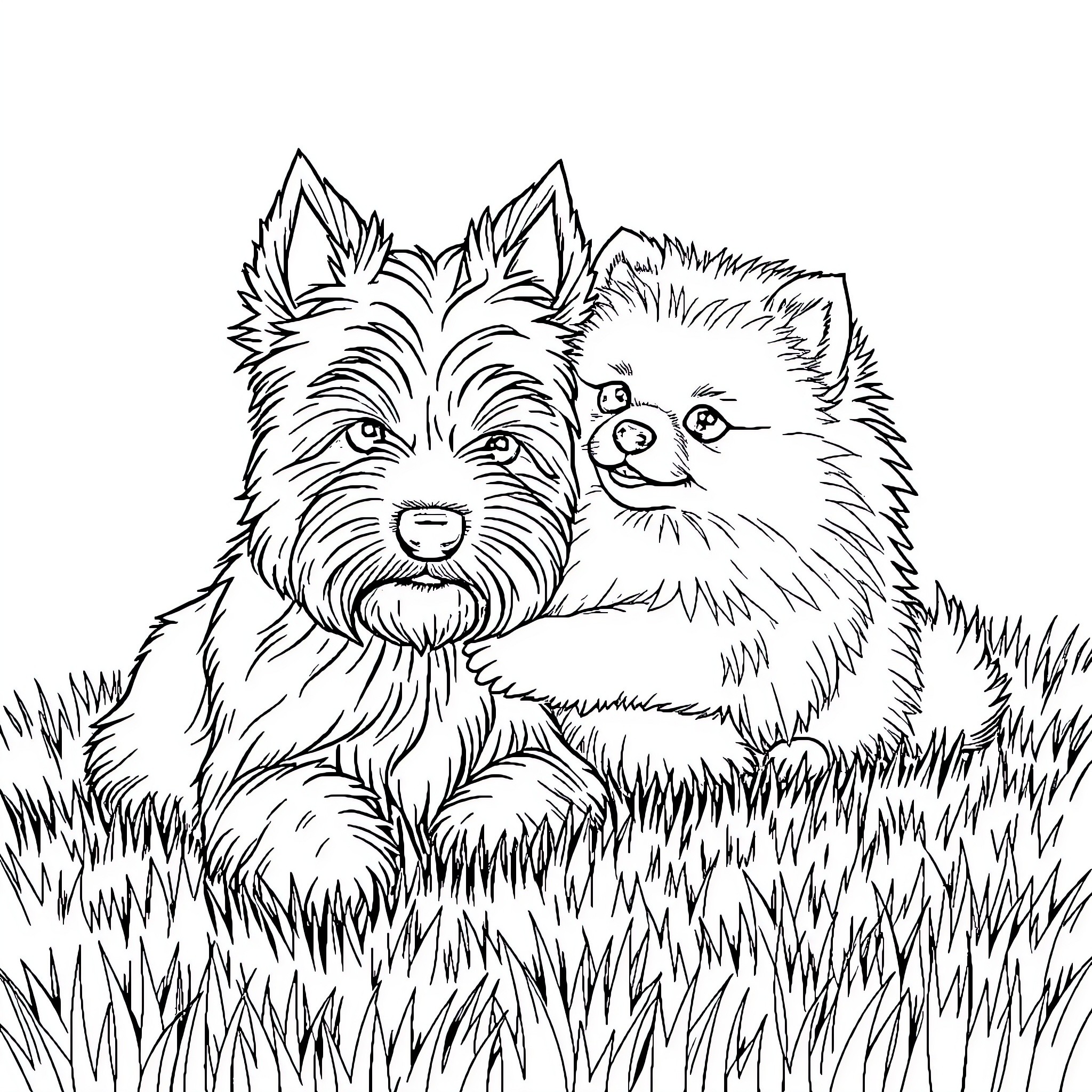 Dog friends resting in the grass Coloring Page (free black-and-white line drawing printable PDF for all, from beginners to advanced learners, including children, teens, adults, and seniors)