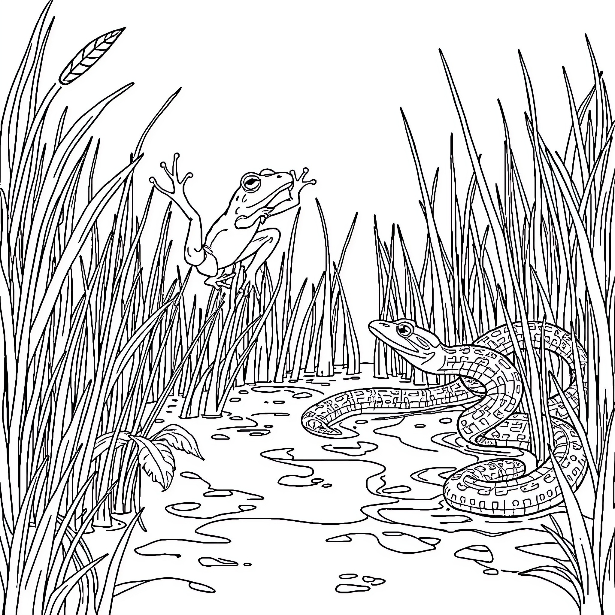 Frog in a serene pond surrounded by tall grass Coloring Page (free black-and-white line drawing printable PDF for all, from beginners to advanced learners, including children, teens, adults, and seniors)