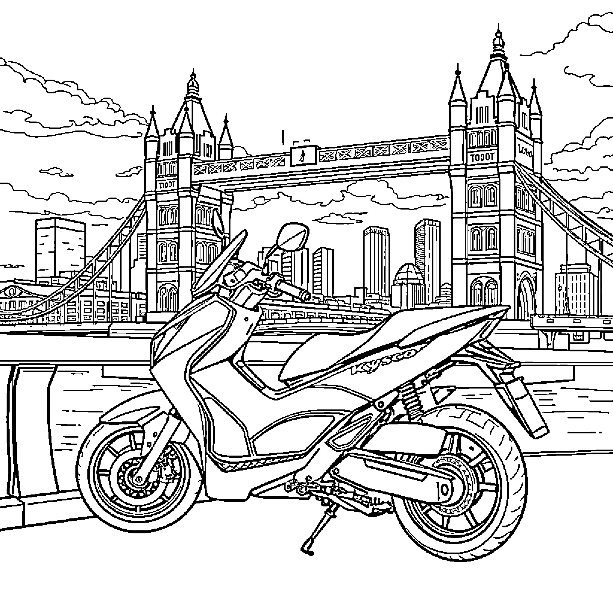 Kymco scooter on bridge with cityscape Coloring Page (free black-and-white line drawing printable PDF for all, from beginners to advanced learners, including children, teens, adults, and seniors)