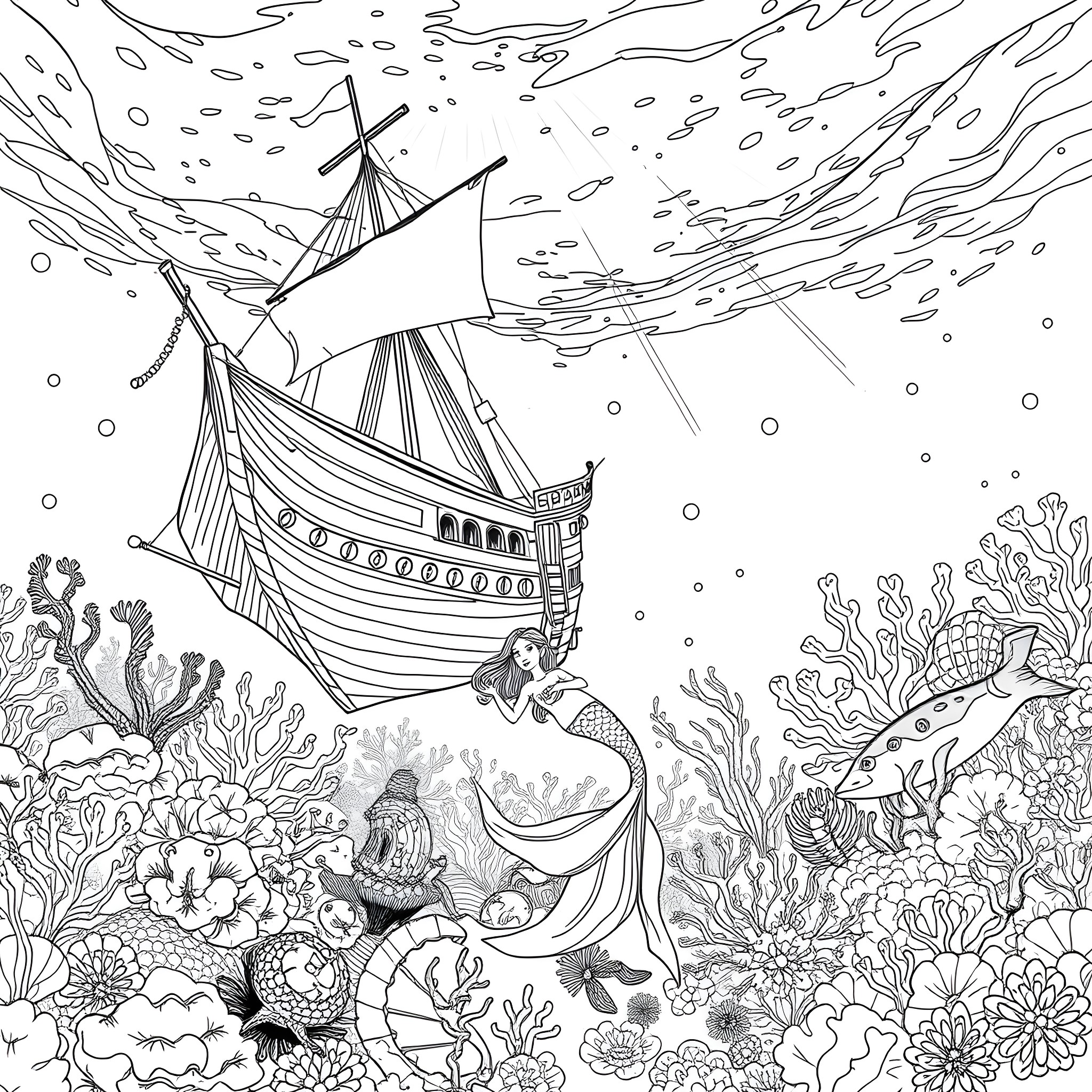Mermaid exploring the underwater seascape with a ship Coloring Page (free black-and-white line drawing printable PDF for all, from beginners to advanced learners, including children, teens, adults, and seniors)