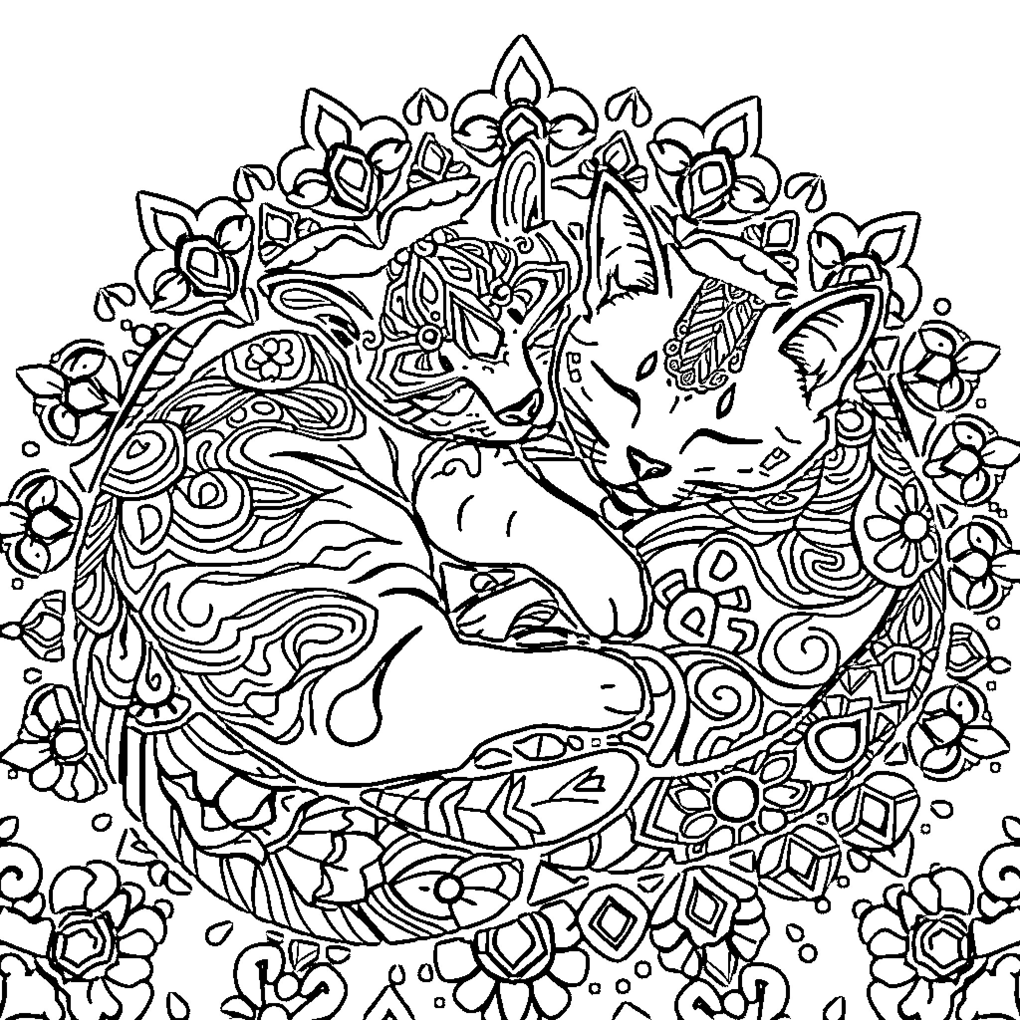 Cat in a Floral Mandala Coloring Page (free black-and-white line drawing printable PDF for all, from beginners to advanced learners, including children, teens, adults, and seniors)