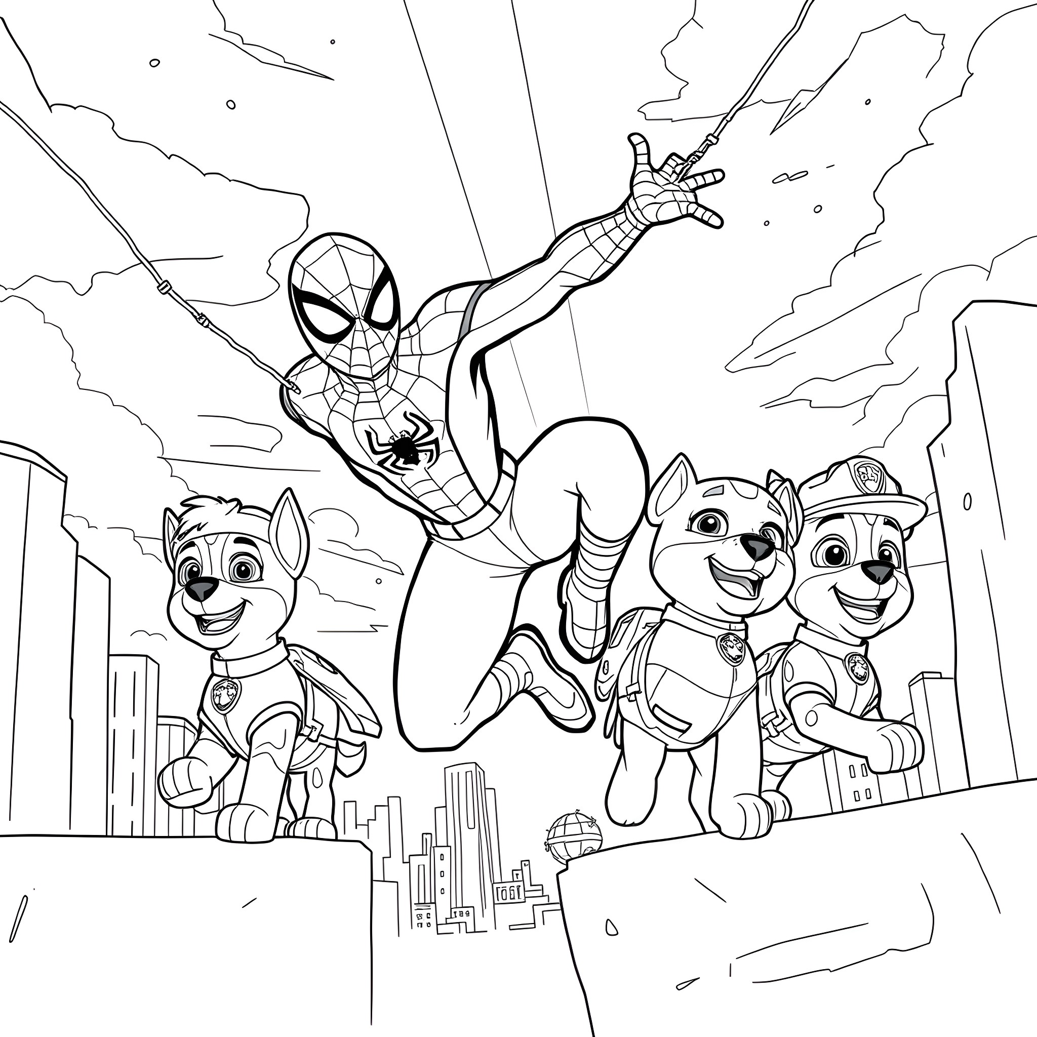Spiderman swings into action with Paw Patrol pups Coloring Page (free black-and-white line drawing printable PDF for all, from beginners to advanced learners, including children, teens, adults, and seniors)