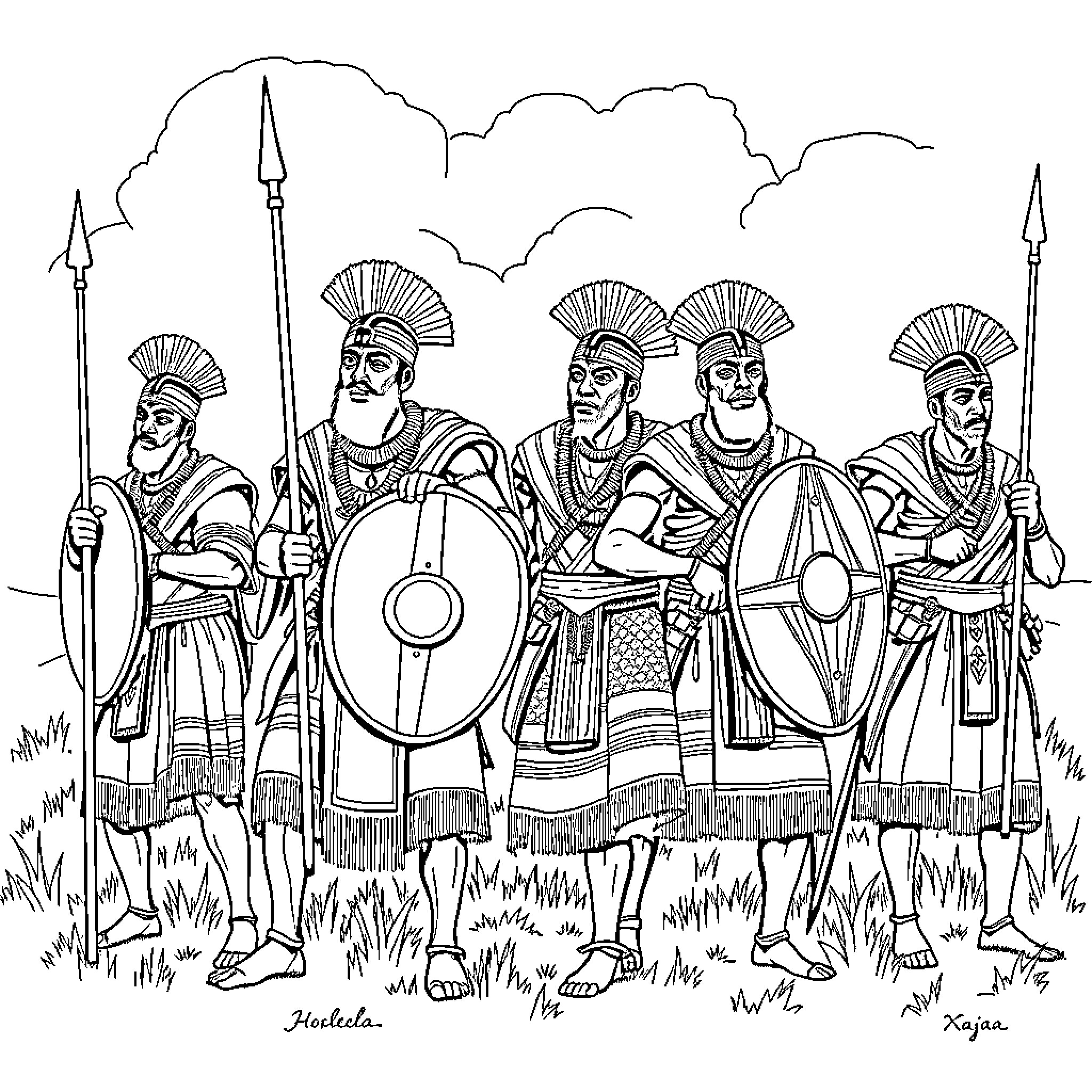 Xhosa Warriors Marching with Spears and Shields Coloring Page (free black-and-white line drawing printable PDF for all, from beginners to advanced learners, including children, teens, adults, and seniors)