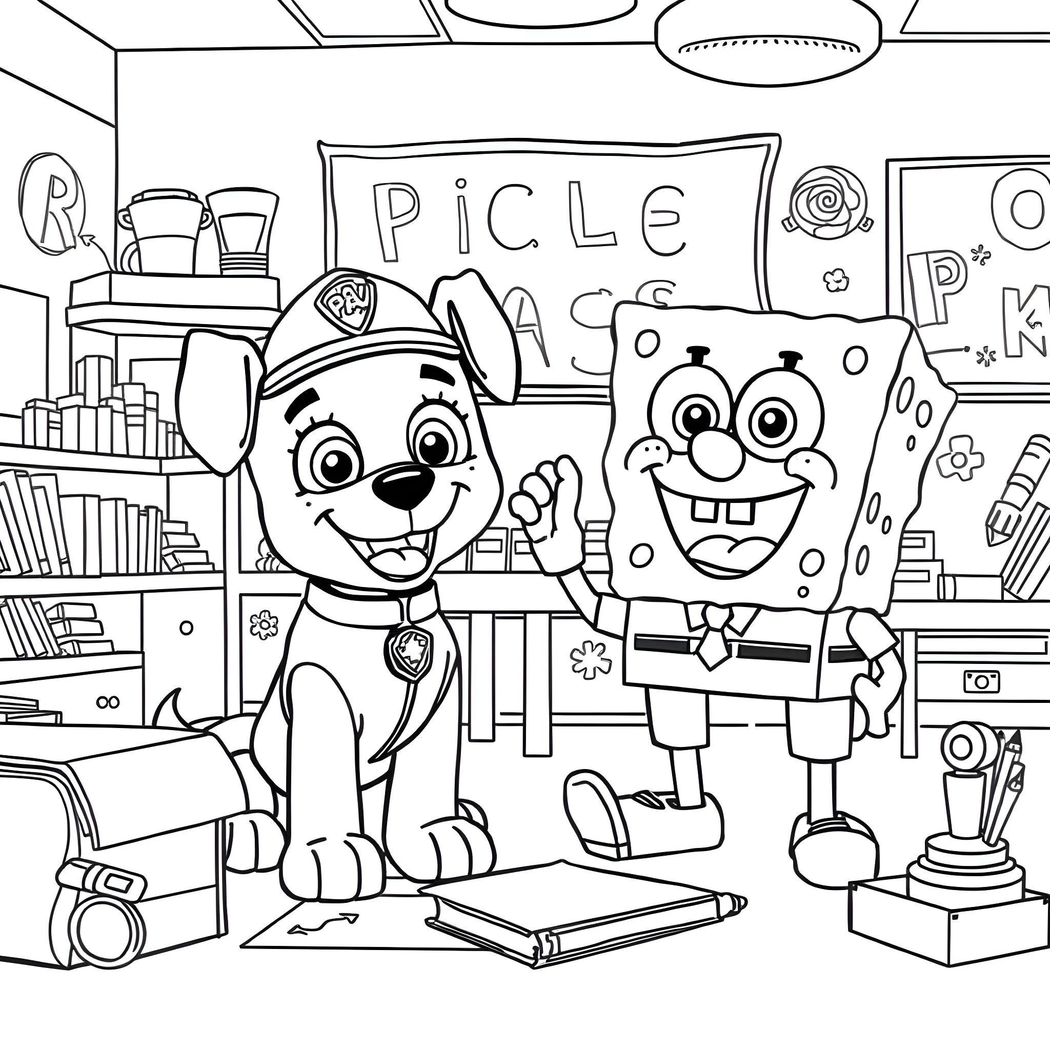 Paw Patrol Pups Exploring a Cartoon Workshop Coloring Page (free black-and-white line drawing printable PDF for all, from beginners to advanced learners, including children, teens, adults, and seniors)