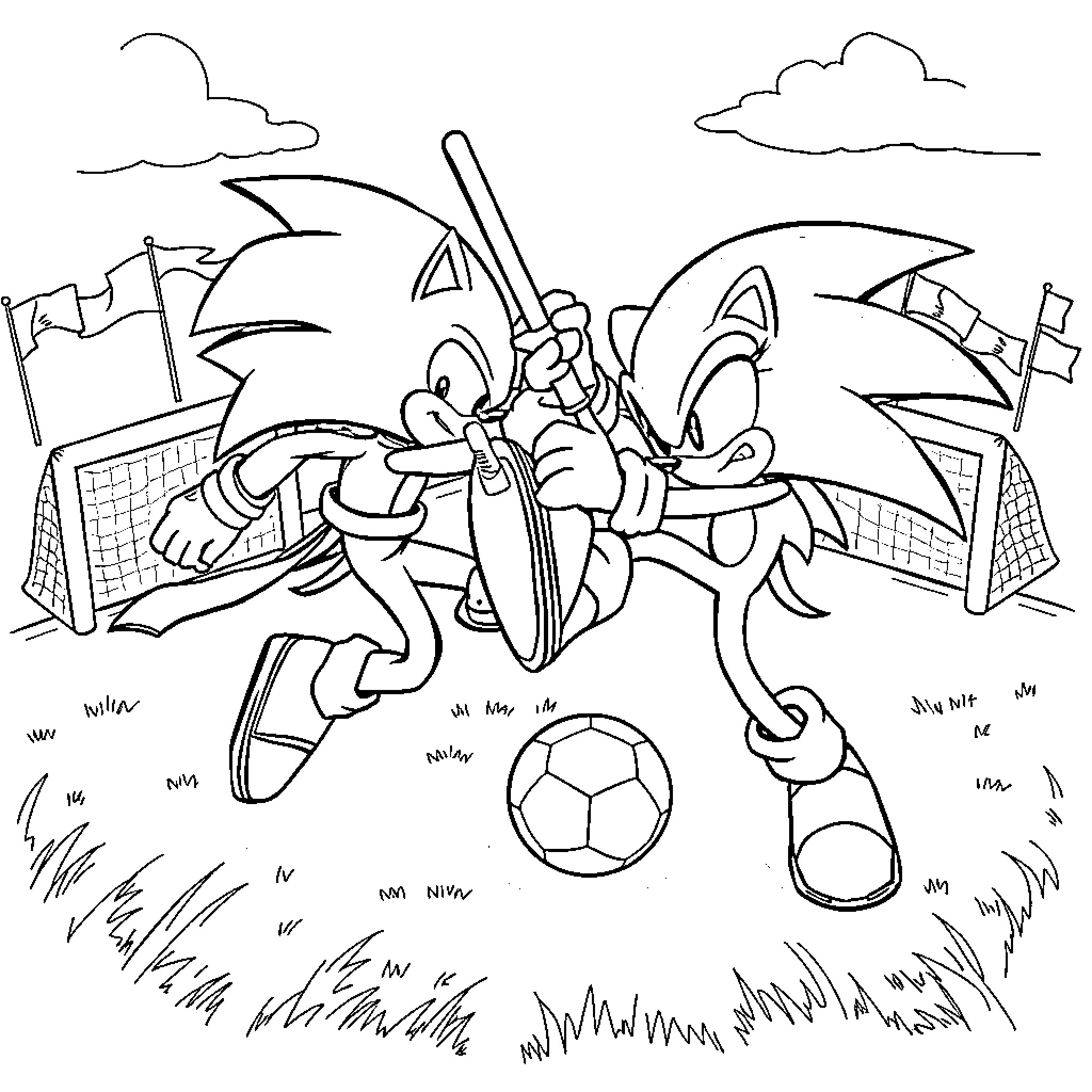 Sonic playing soccer with a cheerful companion Coloring Page (free black-and-white line drawing printable PDF for all, from beginners to advanced learners, including children, teens, adults, and seniors)