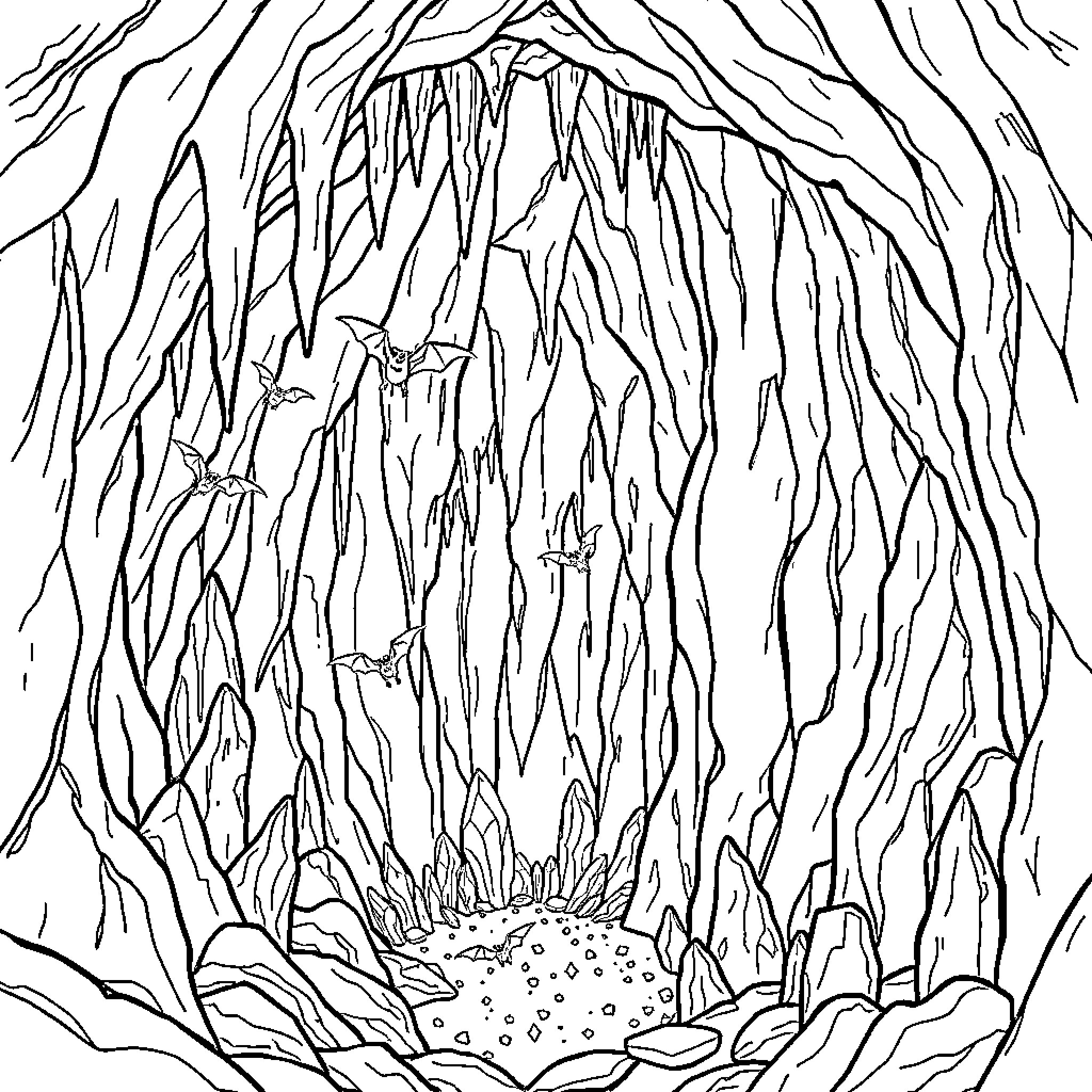 Cave with Intricate Rock Formations and Flowers Coloring Page (free black-and-white line drawing printable PDF for all, from beginners to advanced learners, including children, teens, adults, and seniors)