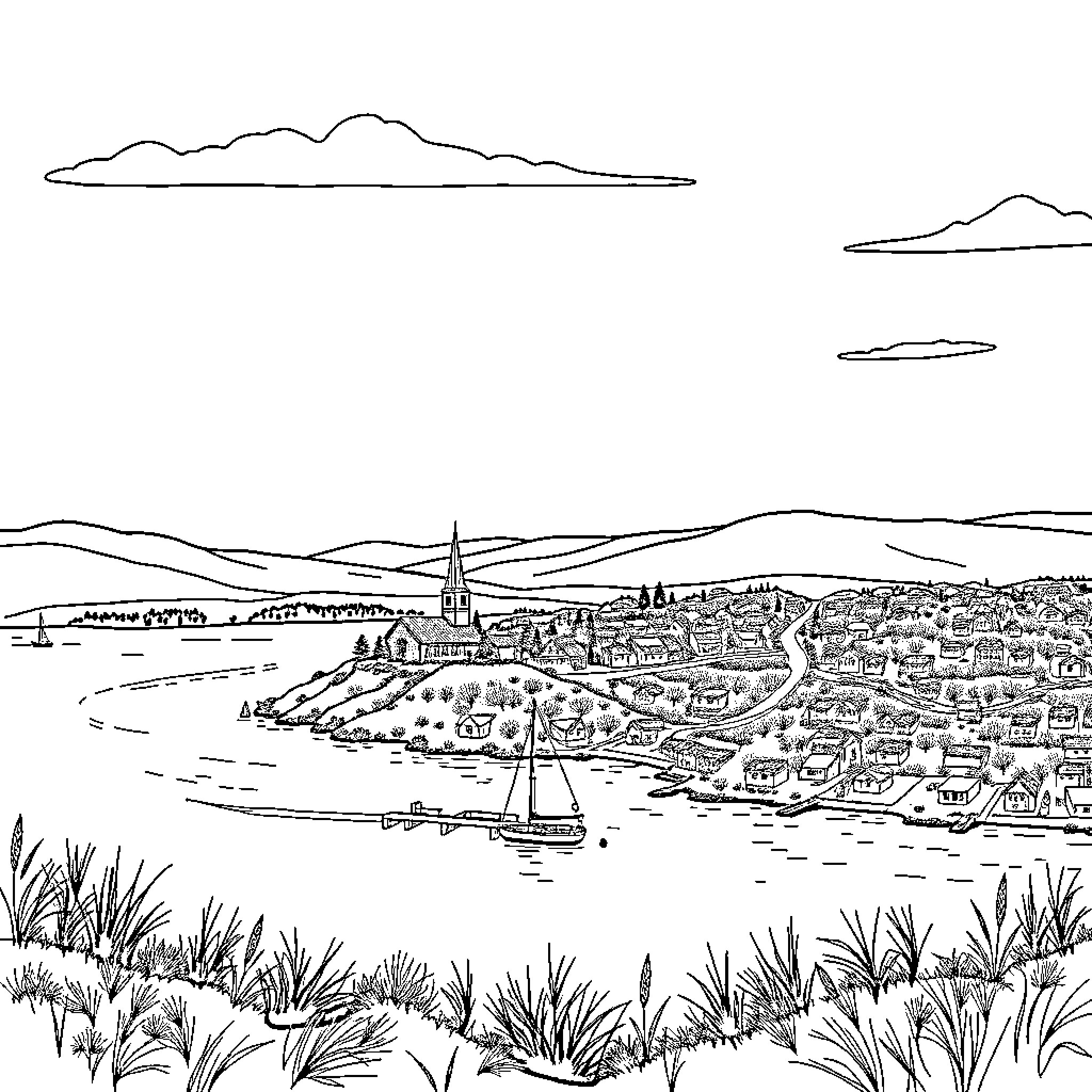 Wolfville landscape of town and waterfront Coloring Page (free black-and-white line drawing printable PDF for all, from beginners to advanced learners, including children, teens, adults, and seniors)