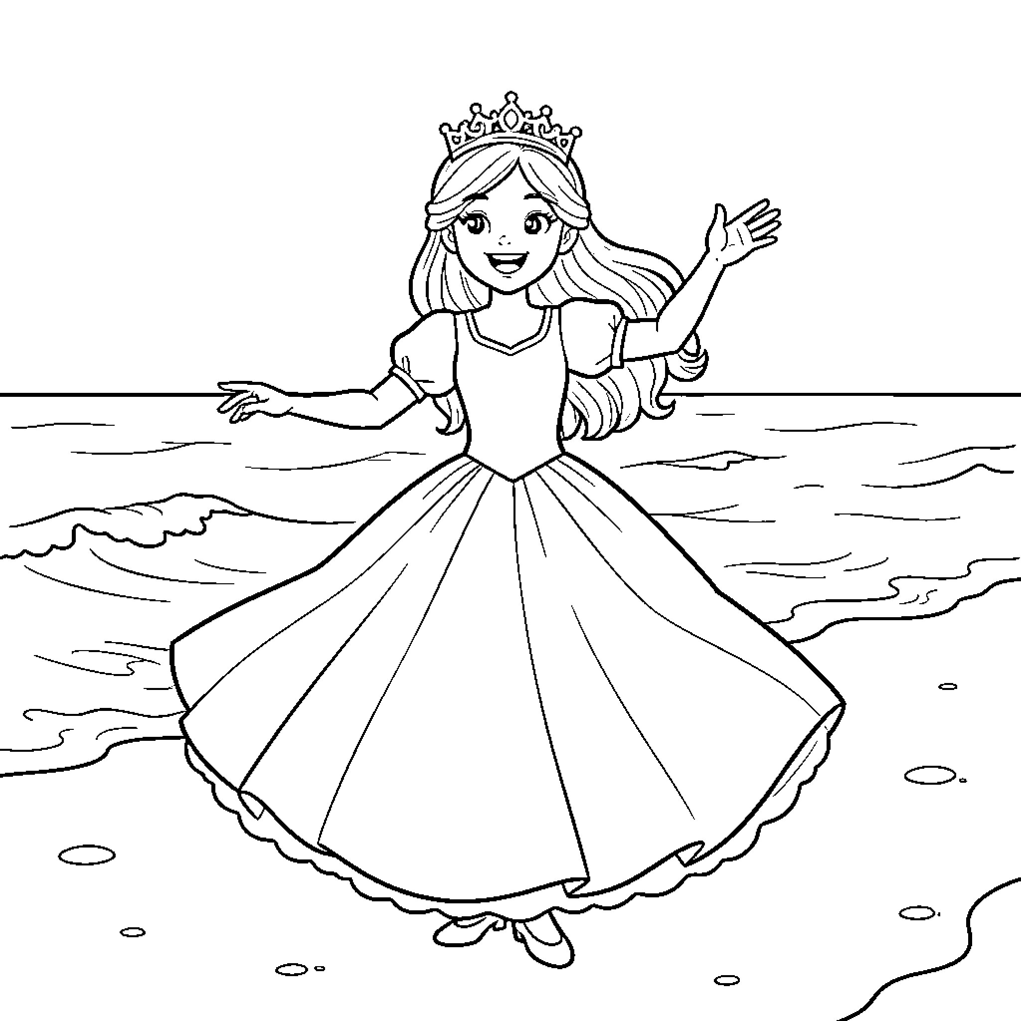 Princess dancing joyfully on the seashore Coloring Page (free black-and-white line drawing printable PDF for all, from beginners to advanced learners, including children, teens, adults, and seniors)