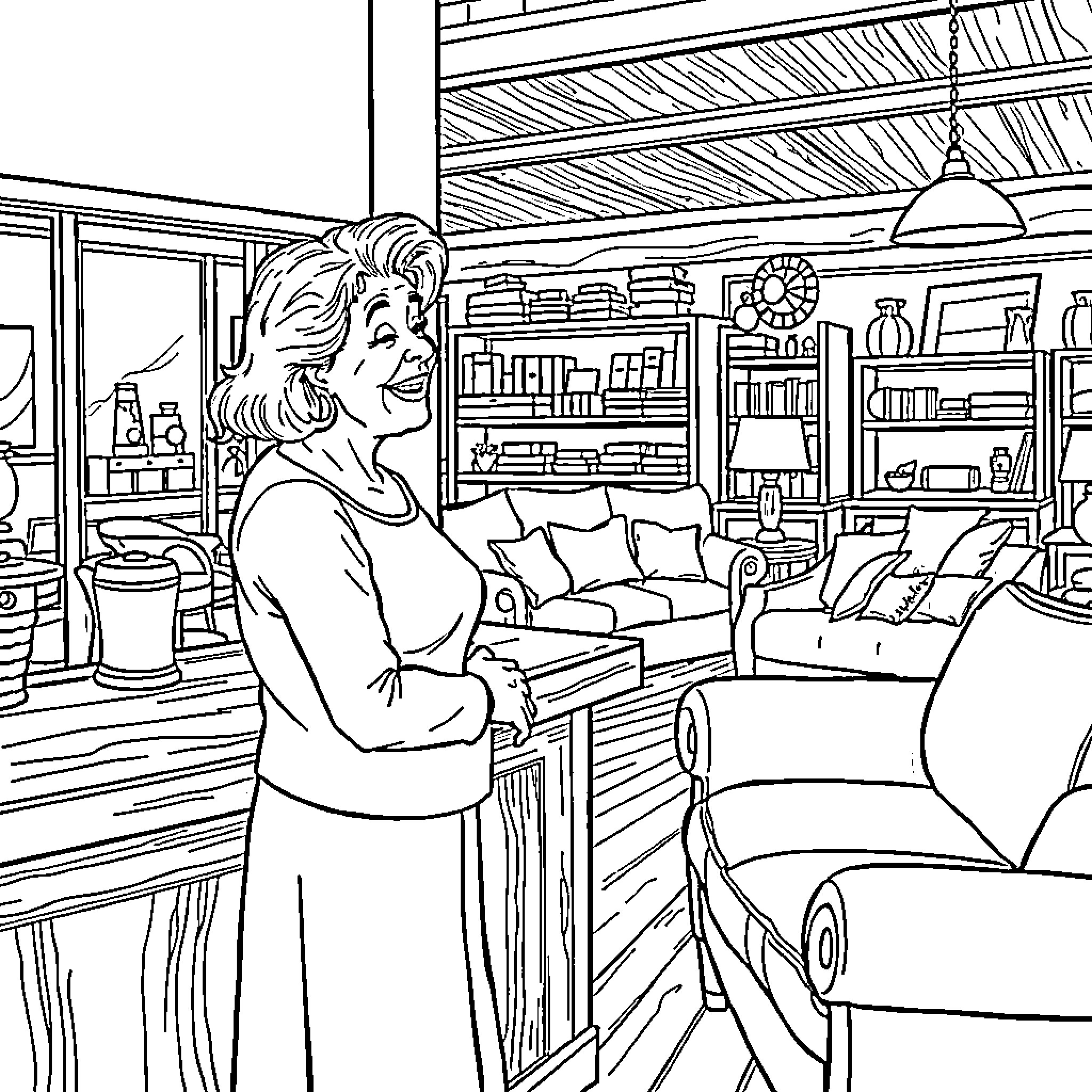 Lady exploring cozy home interior with books Coloring Page (free black-and-white line drawing printable PDF for all, from beginners to advanced learners, including children, teens, adults, and seniors)