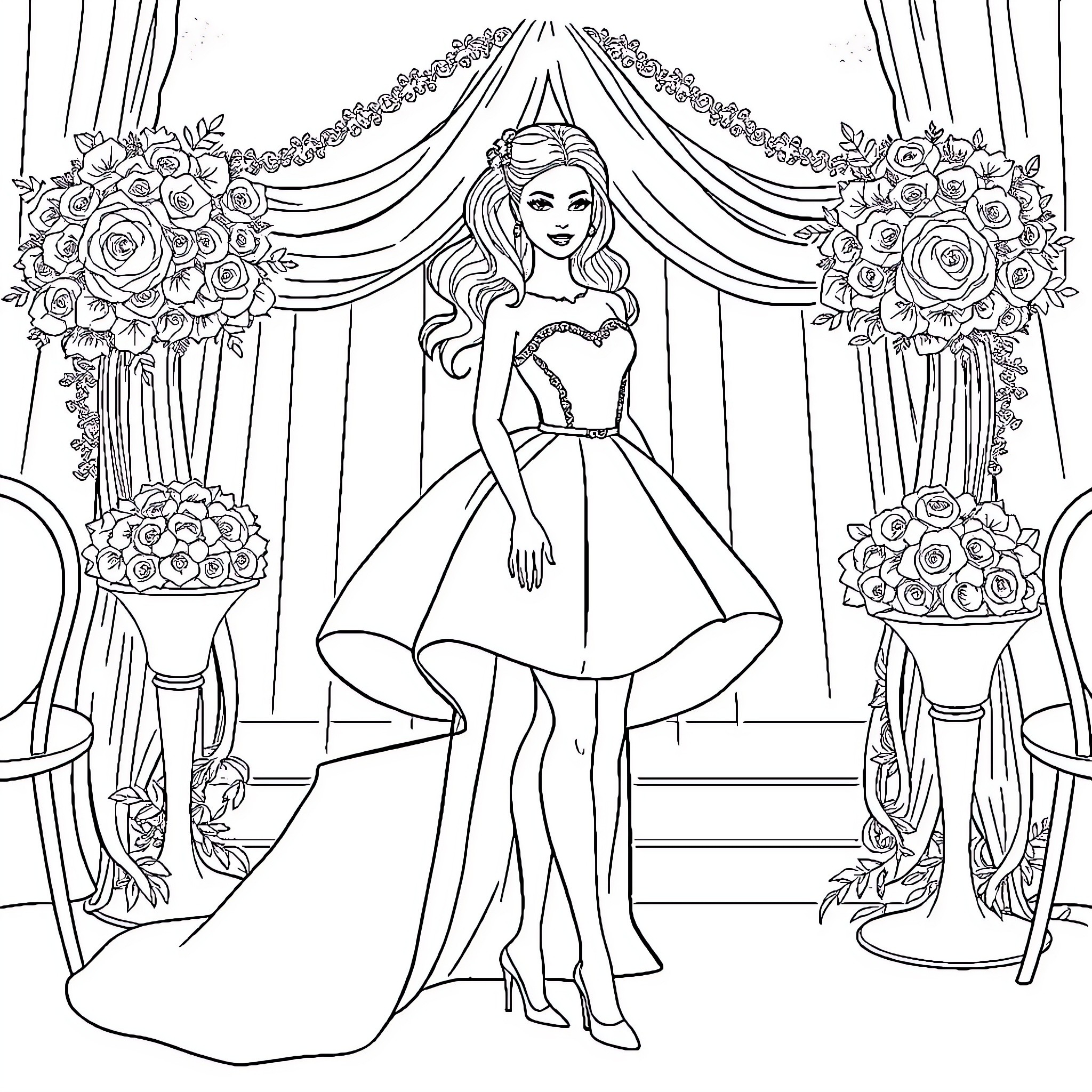 Barbie Elegantly Posing on Stage with Floral Decor Coloring Page (free black-and-white line drawing printable PDF for all, from beginners to advanced learners, including children, teens, adults, and seniors)