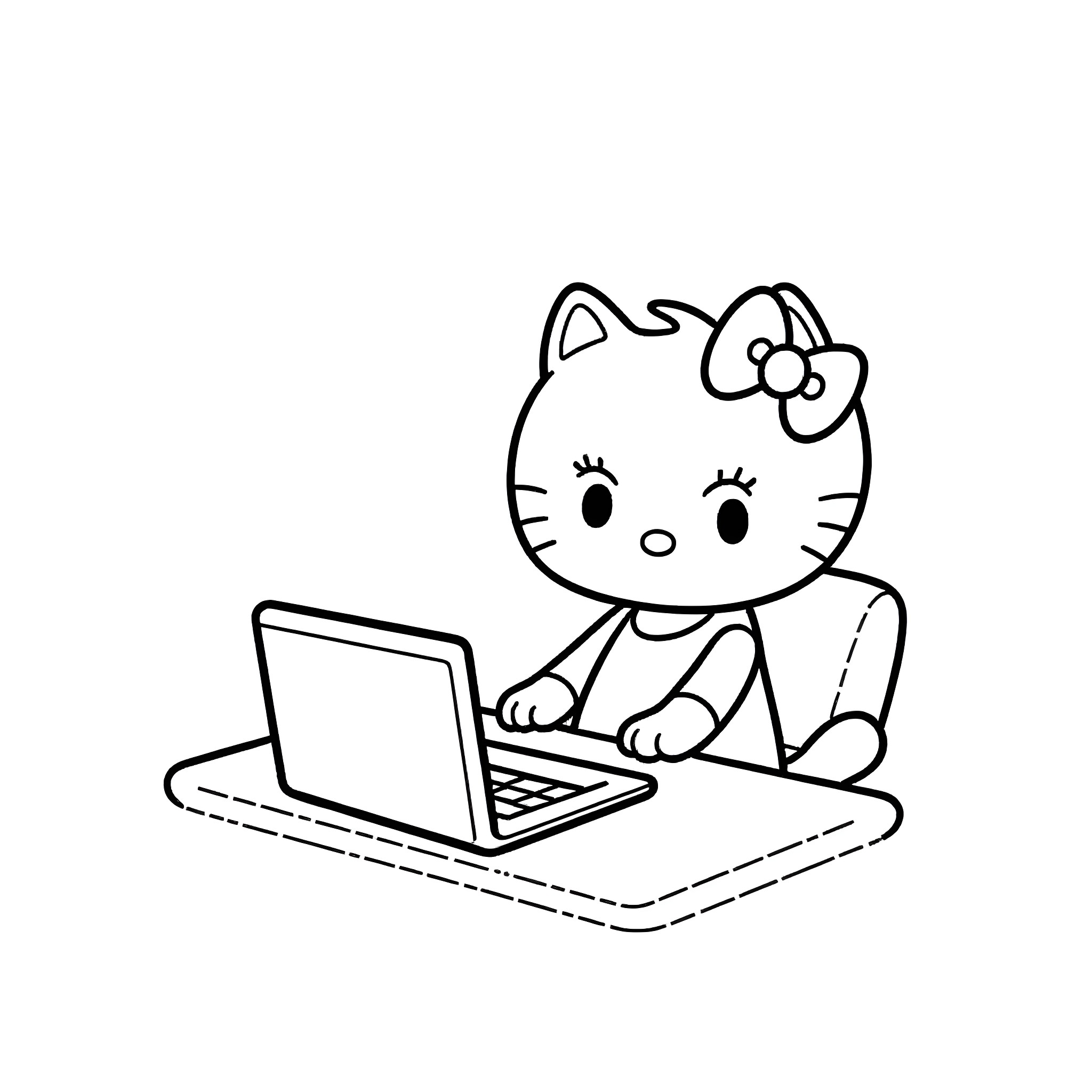 Hello Kitty uses a laptop computer Coloring Page (free black-and-white line drawing printable PDF for all, from beginners to advanced learners, including children, teens, adults, and seniors)