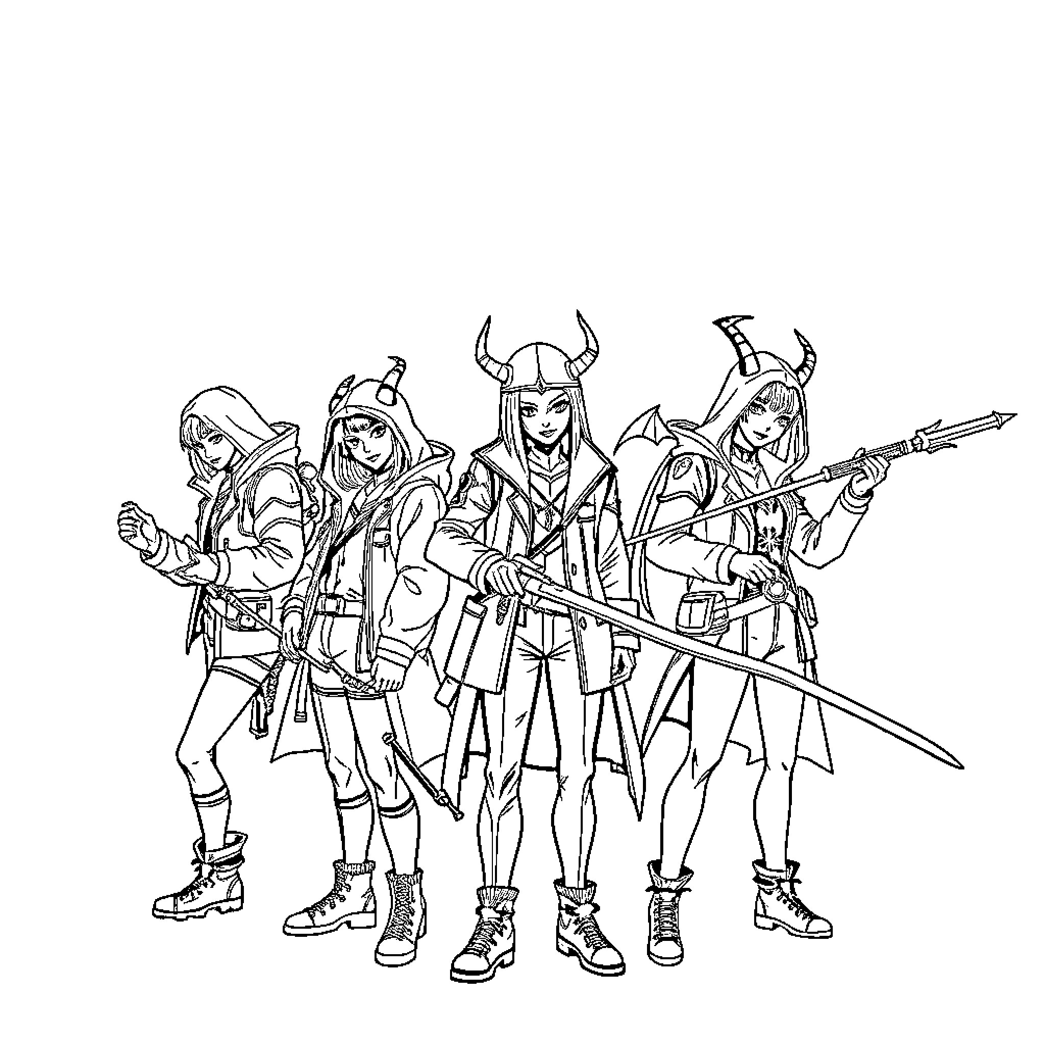 Demon Hunters in Action: Fierce Warriors Wielding Weapons Coloring Page (free black-and-white line drawing printable PDF for all, from beginners to advanced learners, including children, teens, adults, and seniors)