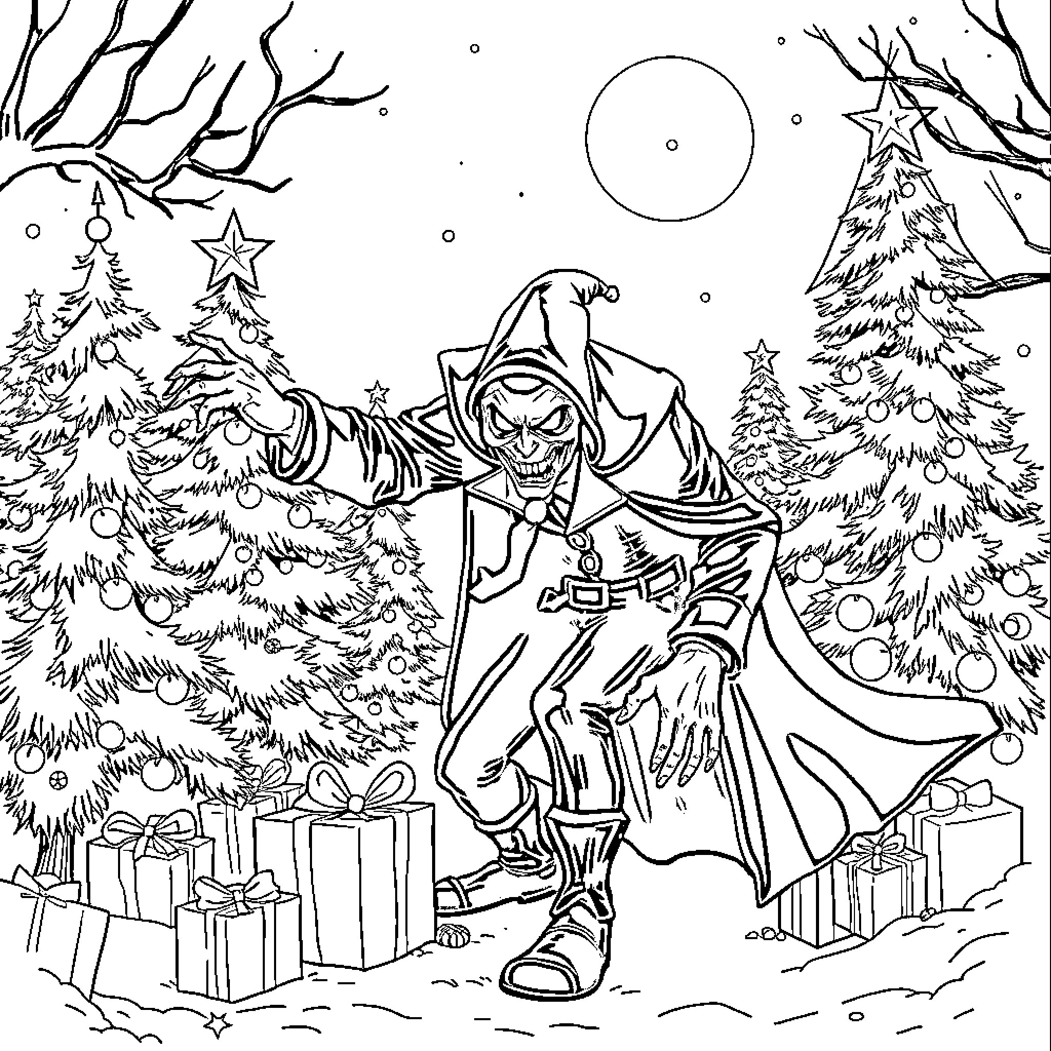 Christmas Villain Haunting the Festive Scene Coloring Page (free black-and-white line drawing printable PDF for all, from beginners to advanced learners, including children, teens, adults, and seniors)