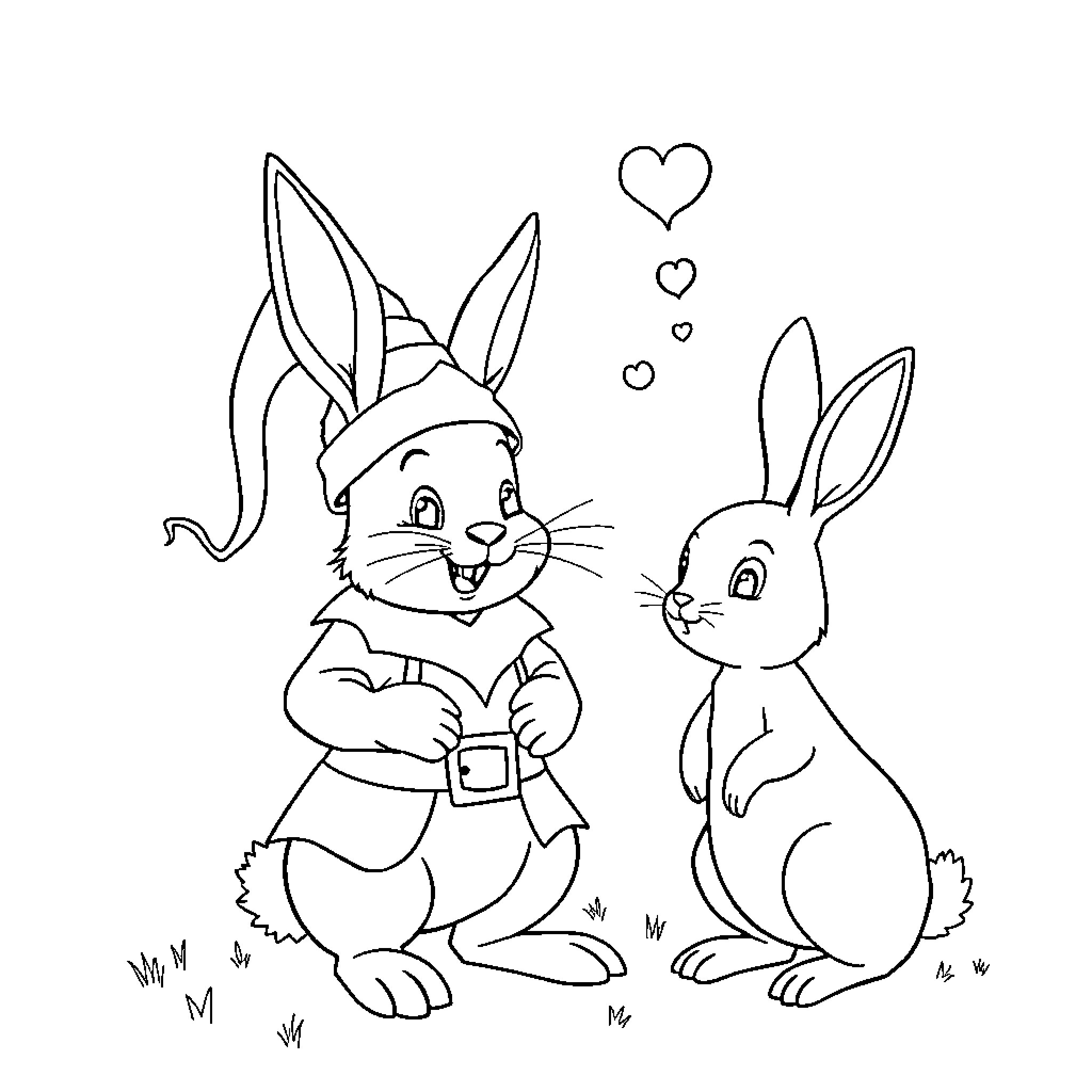 Rabbit friends enjoying a playful moment Coloring Page (free black-and-white line drawing printable PDF for all, from beginners to advanced learners, including children, teens, adults, and seniors)