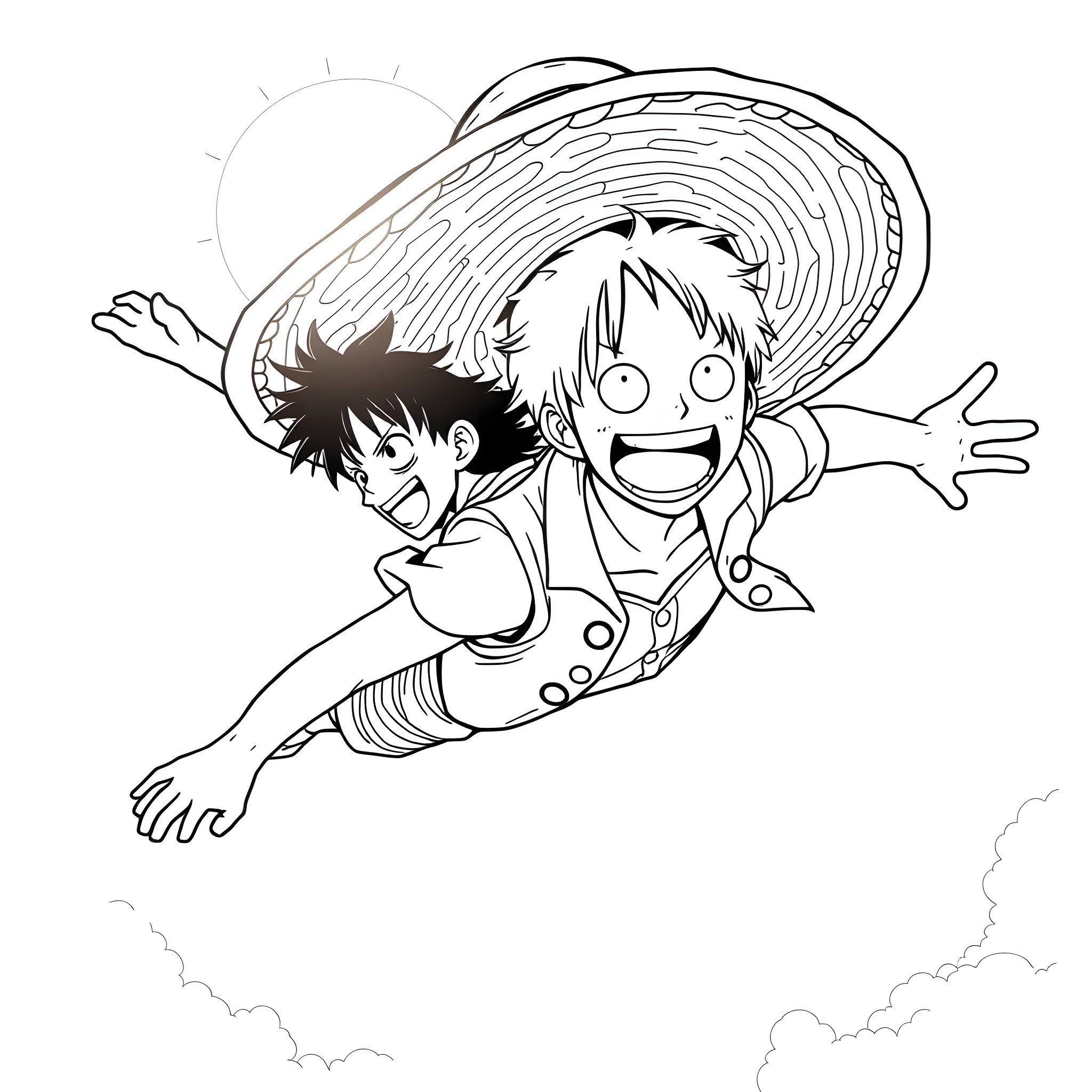 Monkey D Luffy flying excitedly in the sky Coloring Page (free black-and-white line drawing printable PDF for all, from beginners to advanced learners, including children, teens, adults, and seniors)