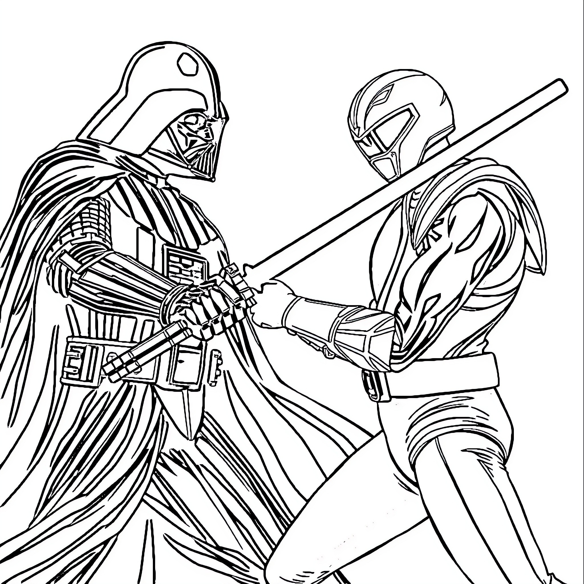 Darth Vader engaging in an intense lightsaber duel Coloring Page (free black-and-white line drawing printable PDF for all, from beginners to advanced learners, including children, teens, adults, and seniors)