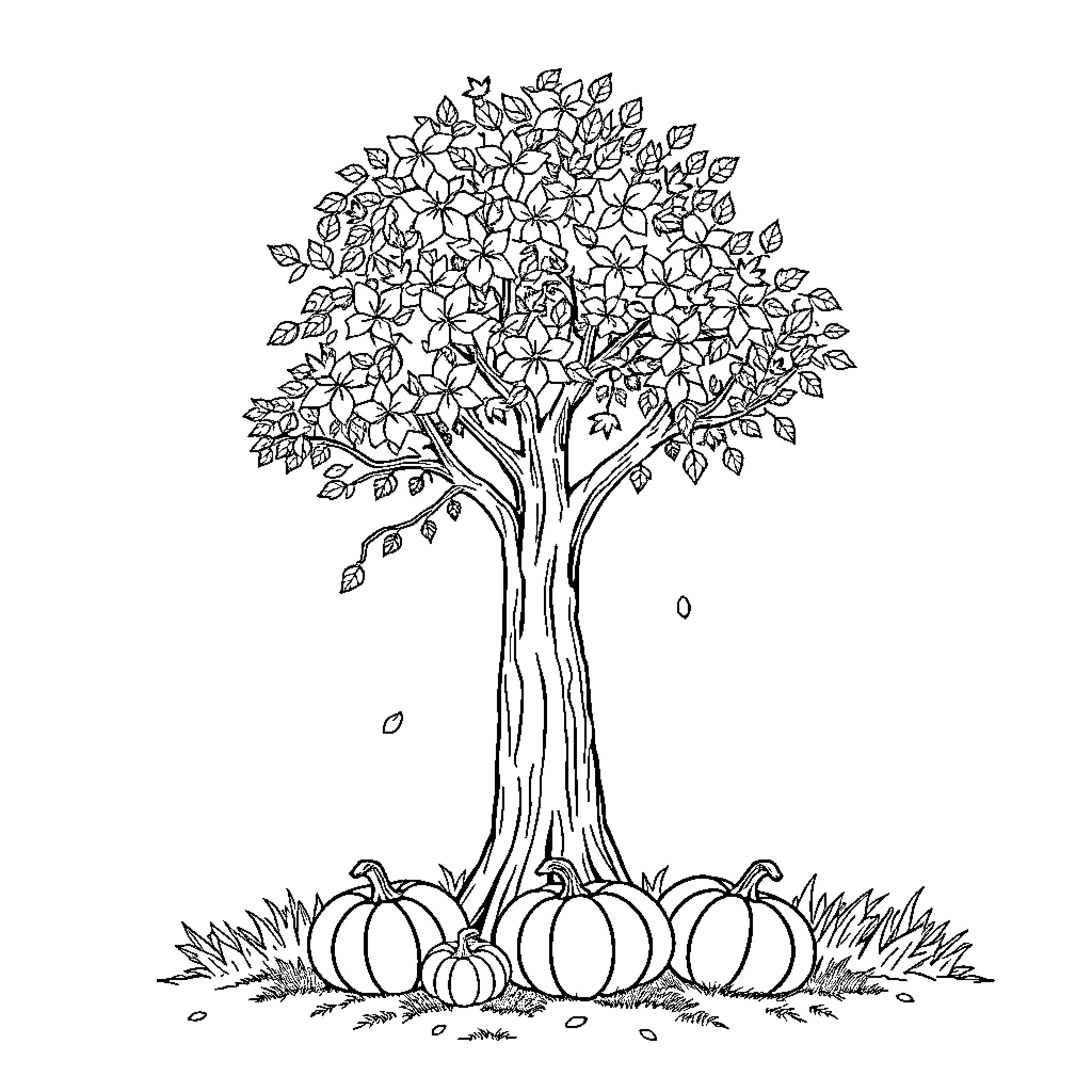Tree with Autumn Leaves and Pumpkins Coloring Page (free black-and-white line drawing printable PDF for all, from beginners to advanced learners, including children, teens, adults, and seniors)